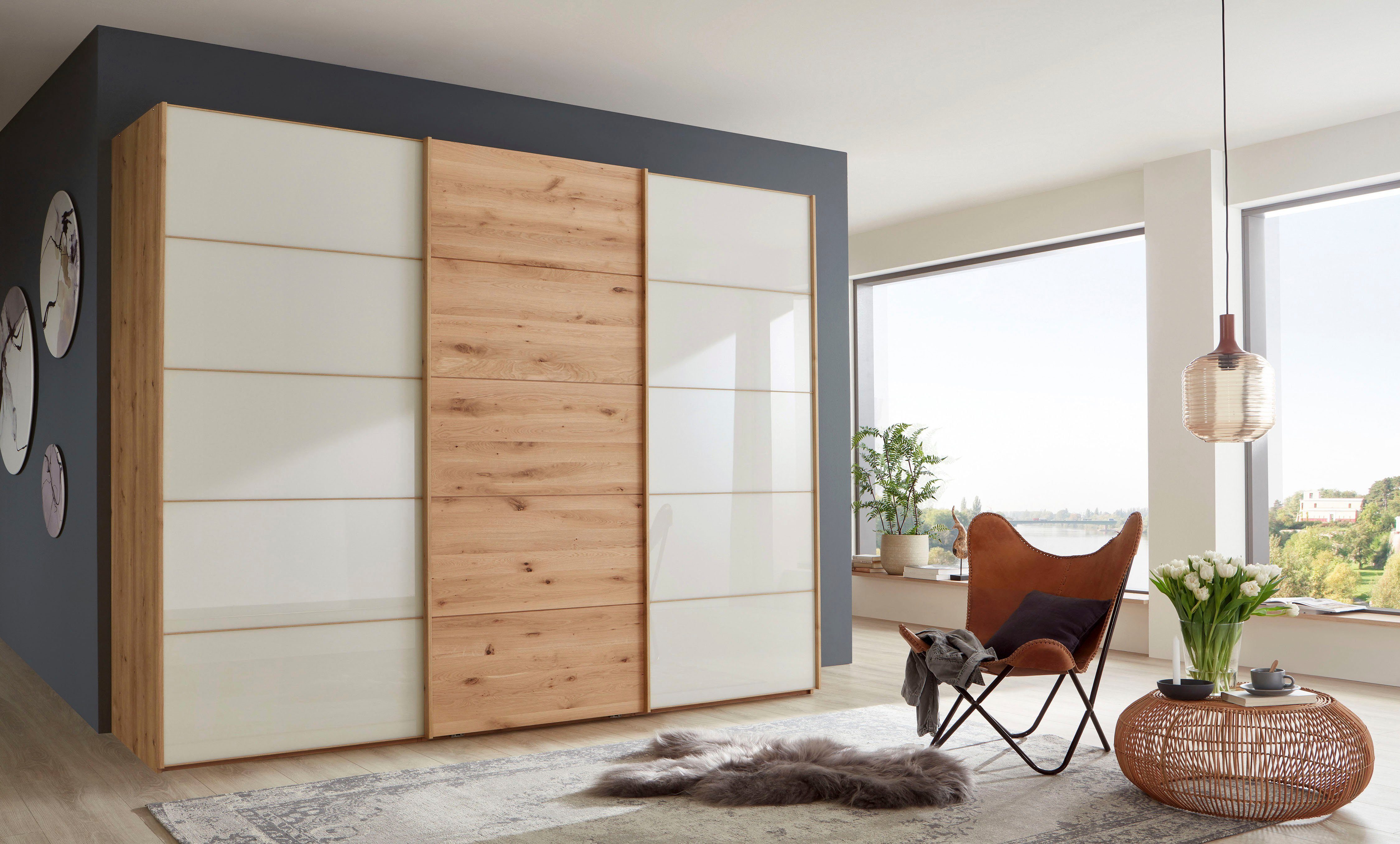 WIEMANN Zweefdeurkast Cardiff met massief houten deuren en spiegel