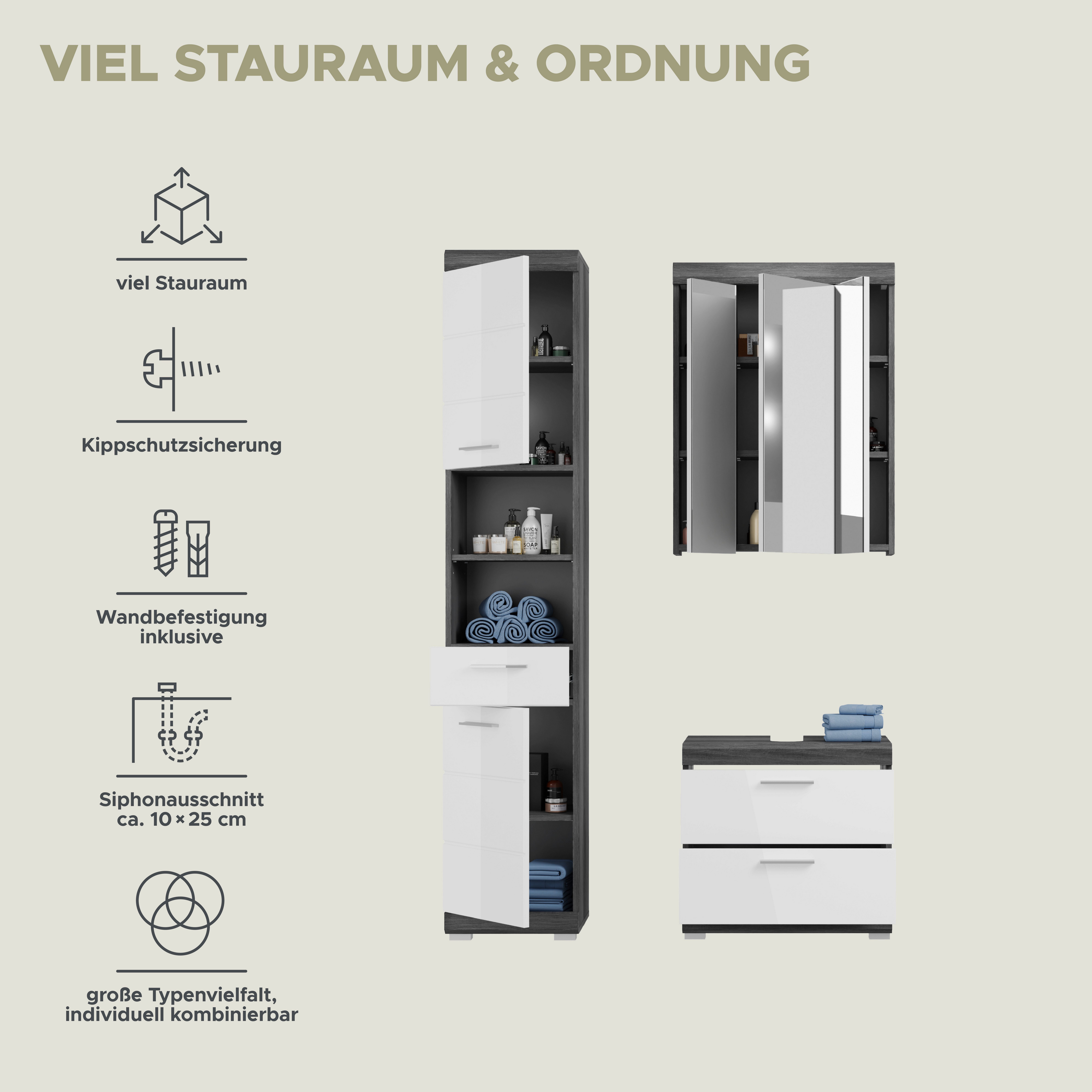 INOSIGN Badkamerserie Siena, 3-delig, bestaande uit: Hoge kast, wastafelonderkast, spiegelkast (set, 3-delig)
