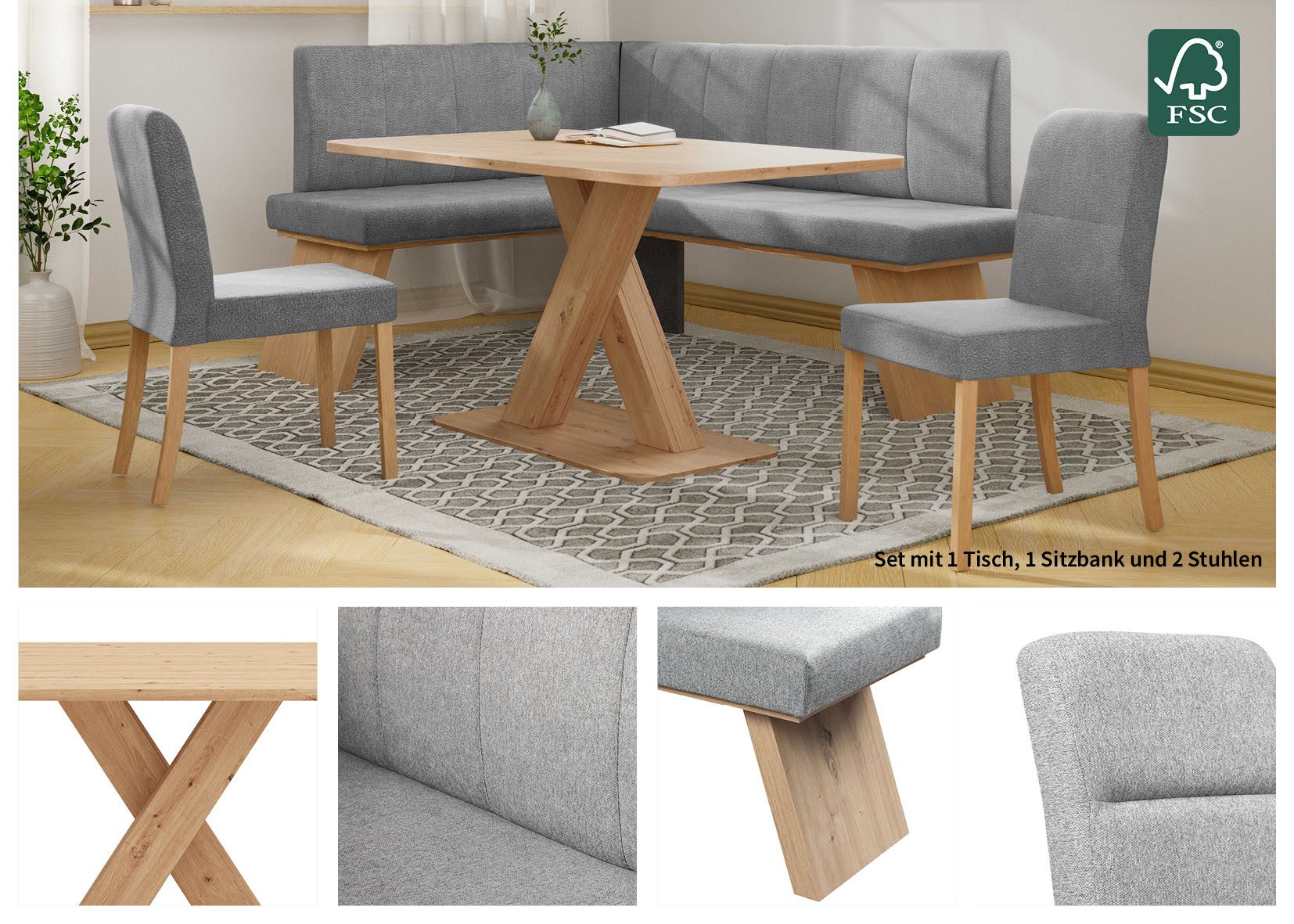 Home affaire Eethoek Nina Eetkamer zitgroep stoelen tafel en bank comfortabel gepolsterd (4-delig)