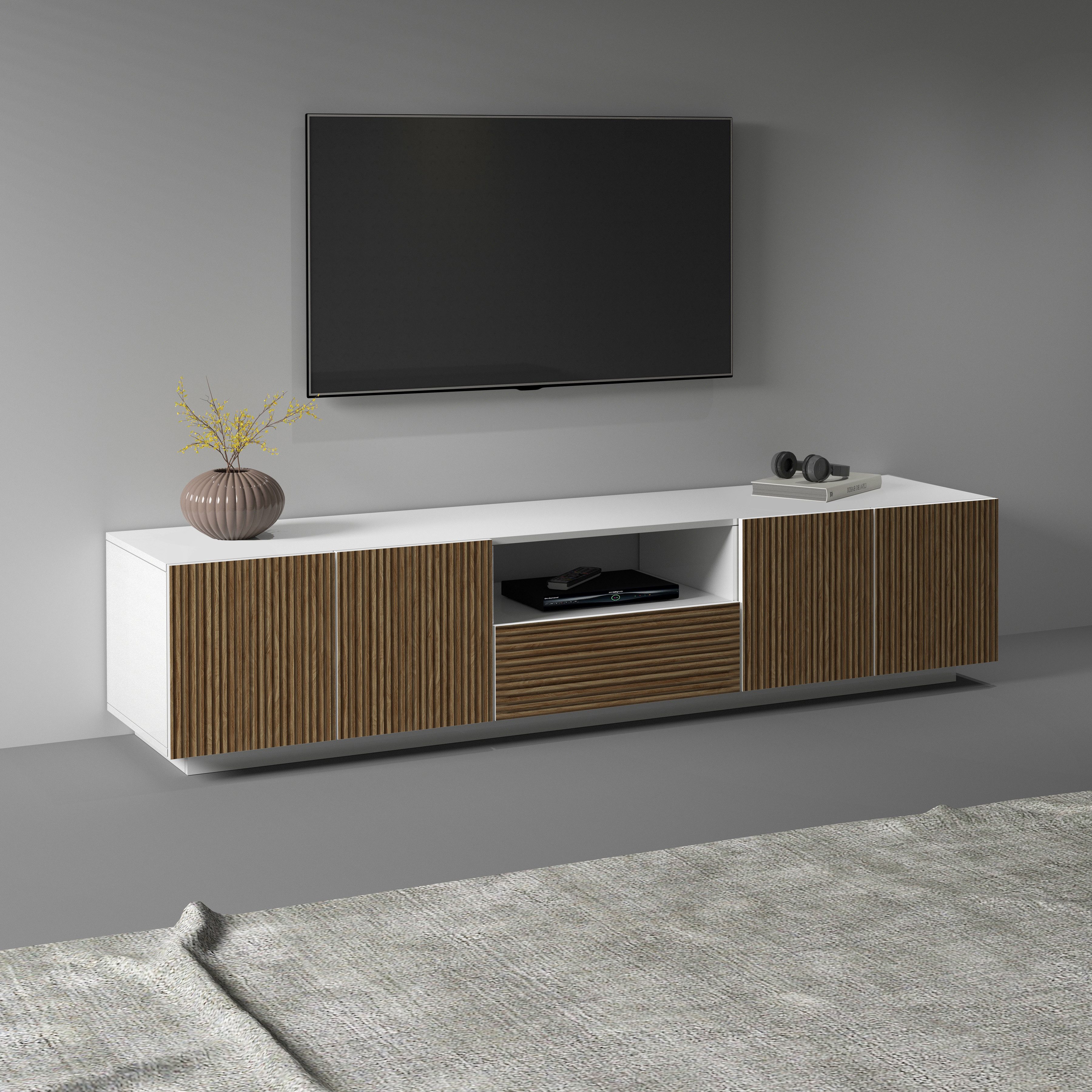 INOSIGN Tv-meubel Vega, Lowboard, TV-meubel, TV-kast, 220 cm met 4 deuren en 1 lade, fronten met groeflook