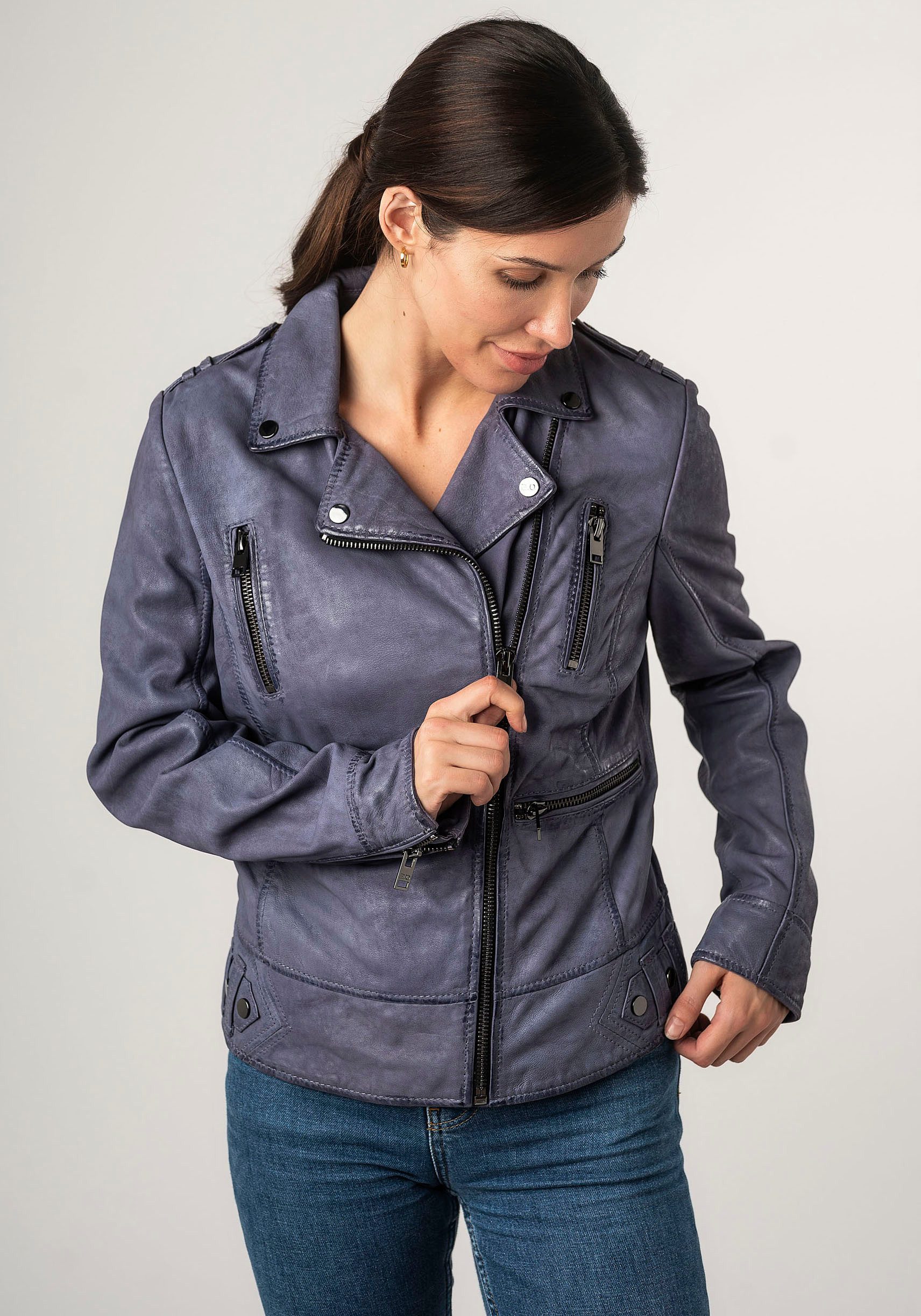 Mauritius Leren jack 2Wtashi met schouderflappen, met studs, met ritszakken