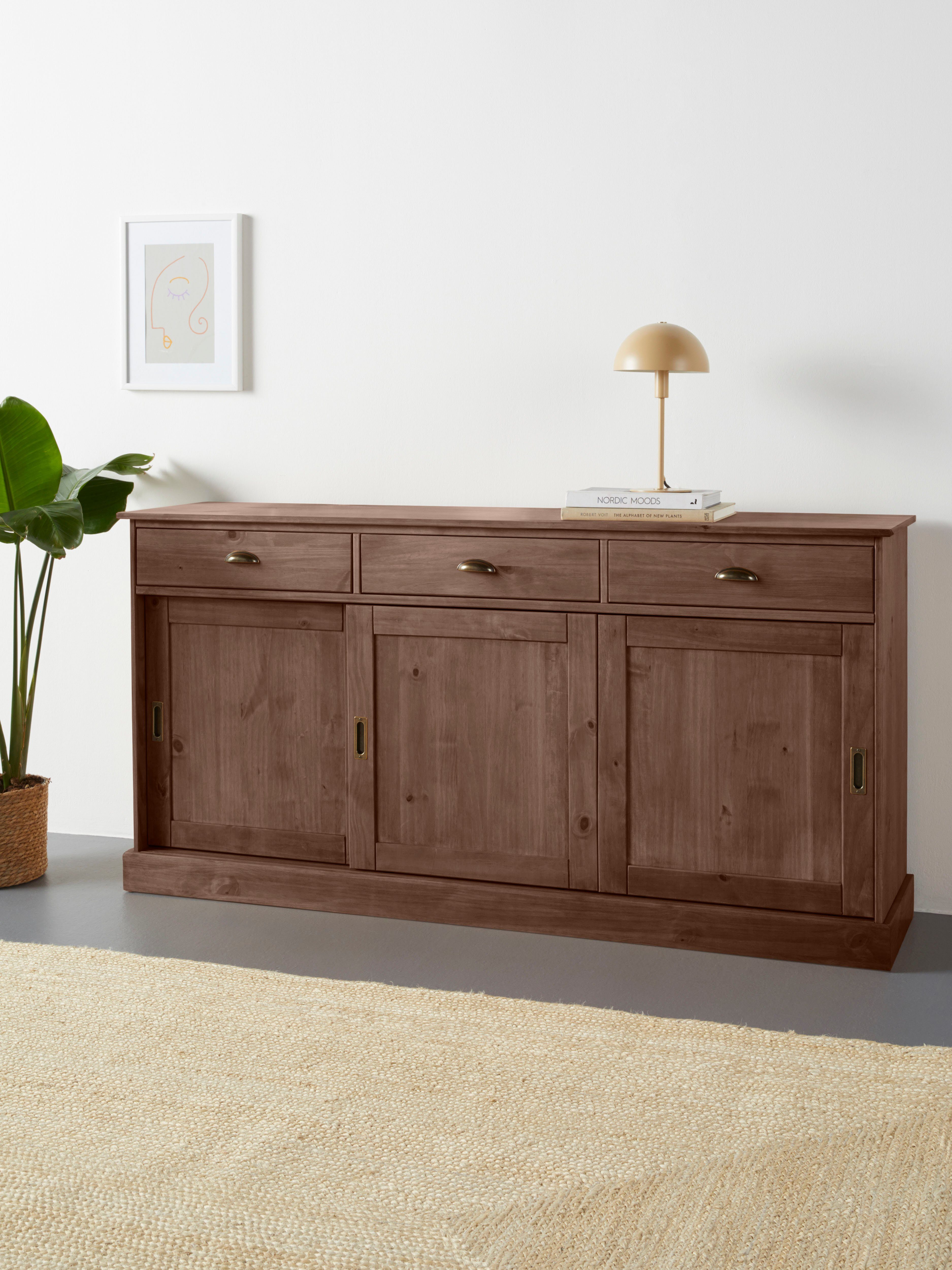 Home affaire Dressoir Schröder Commode, 3 schuifdeuren, 3 lades, van massief dennenhout dressoirs bruin
