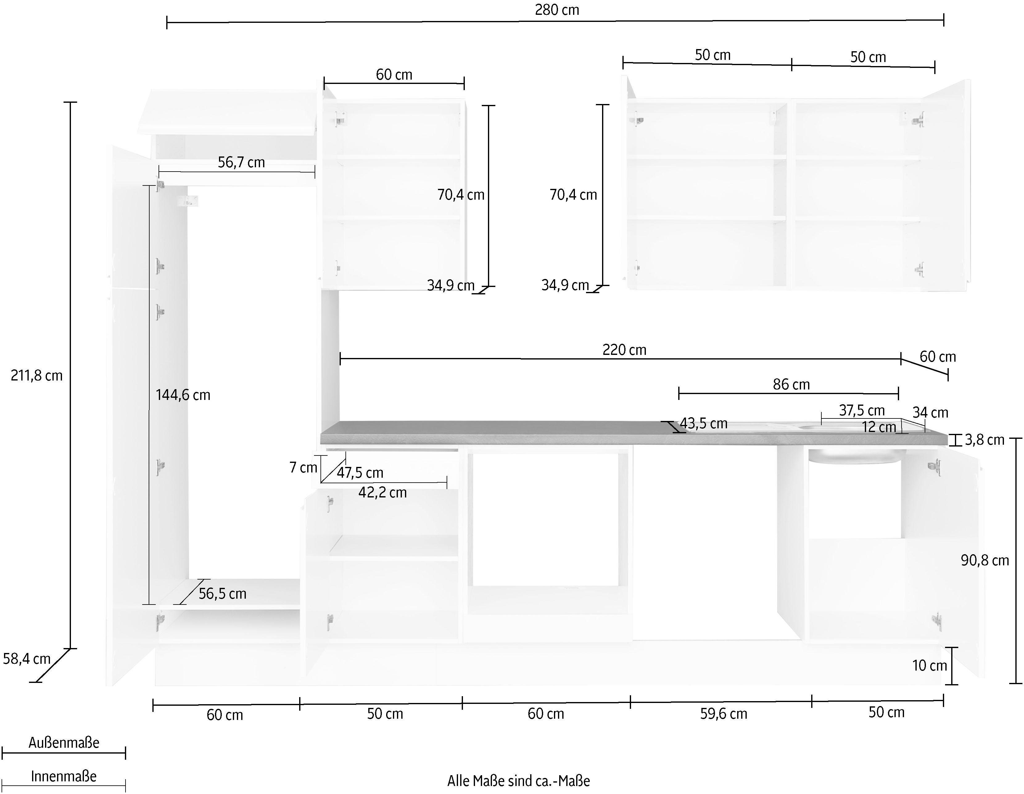 Kochstation Keukenblok KS-Avio 38 mm dikke werkblad en hoogglans fronten, breedte 280 cm