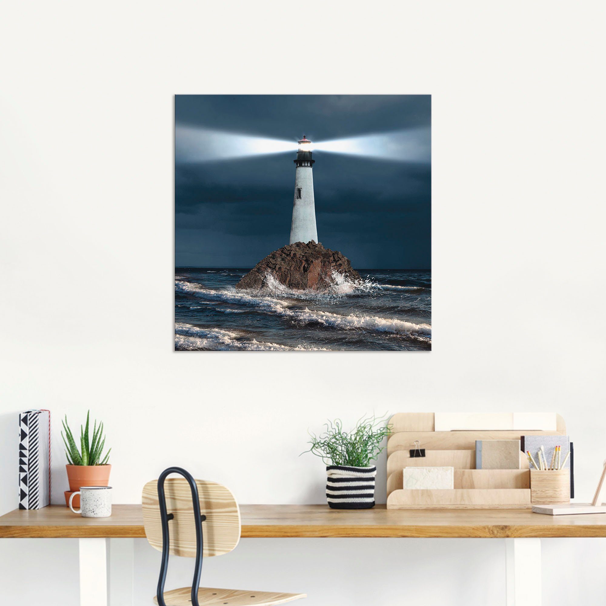 Artland Artprint van vuurtoren met lichtbundel als artprint van aluminium, artprint voor buiten, artprint op linnen, poster, muursticker