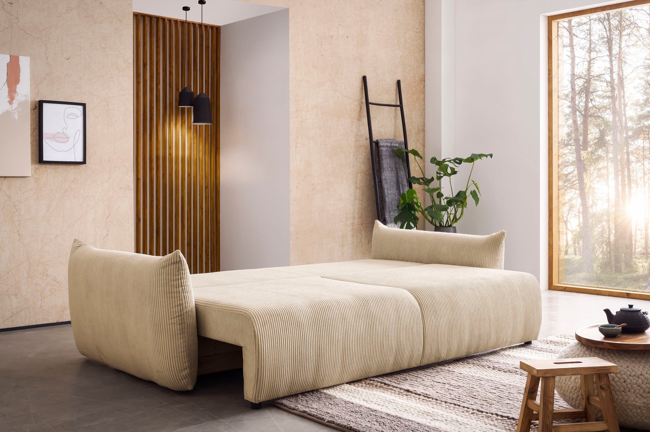 INOSIGN 3-zitsbank MAVAS slaapbank met bedlade ca. 240/108 cm (ligoppervlak 212/145 cm), ribfluweel, chenille, structuur