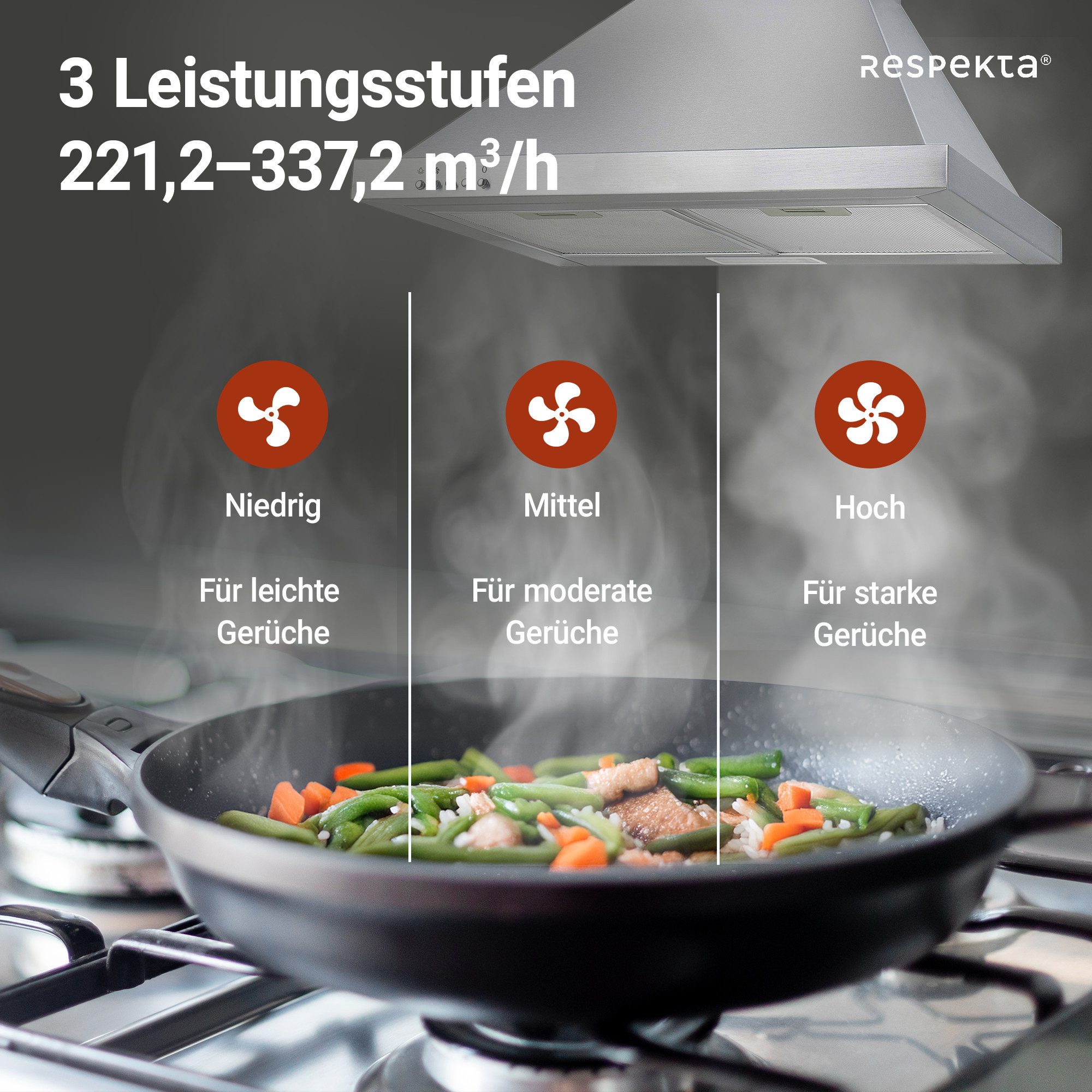 RESPEKTA Schouwkap CH 22078 IXB 60 cm, 3 vermogensniveaus, led-verlichting, geschikt voor afzuiging en recirculatie