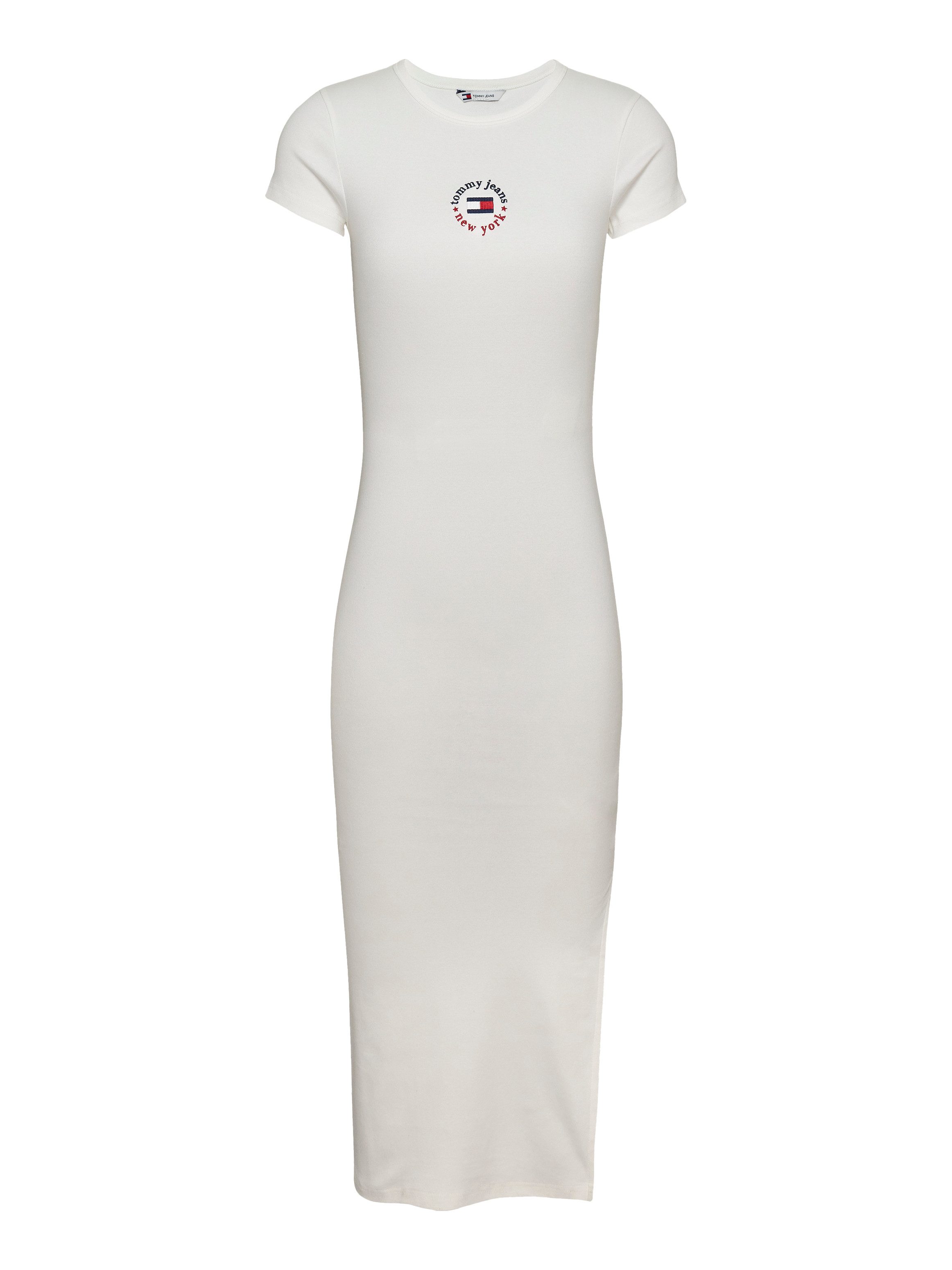 TOMMY JEANS Jerseyjurk TJW BODYCON LOGO 2 DRESS met logo-borduursel, met korte mouwen, in midi-lengte