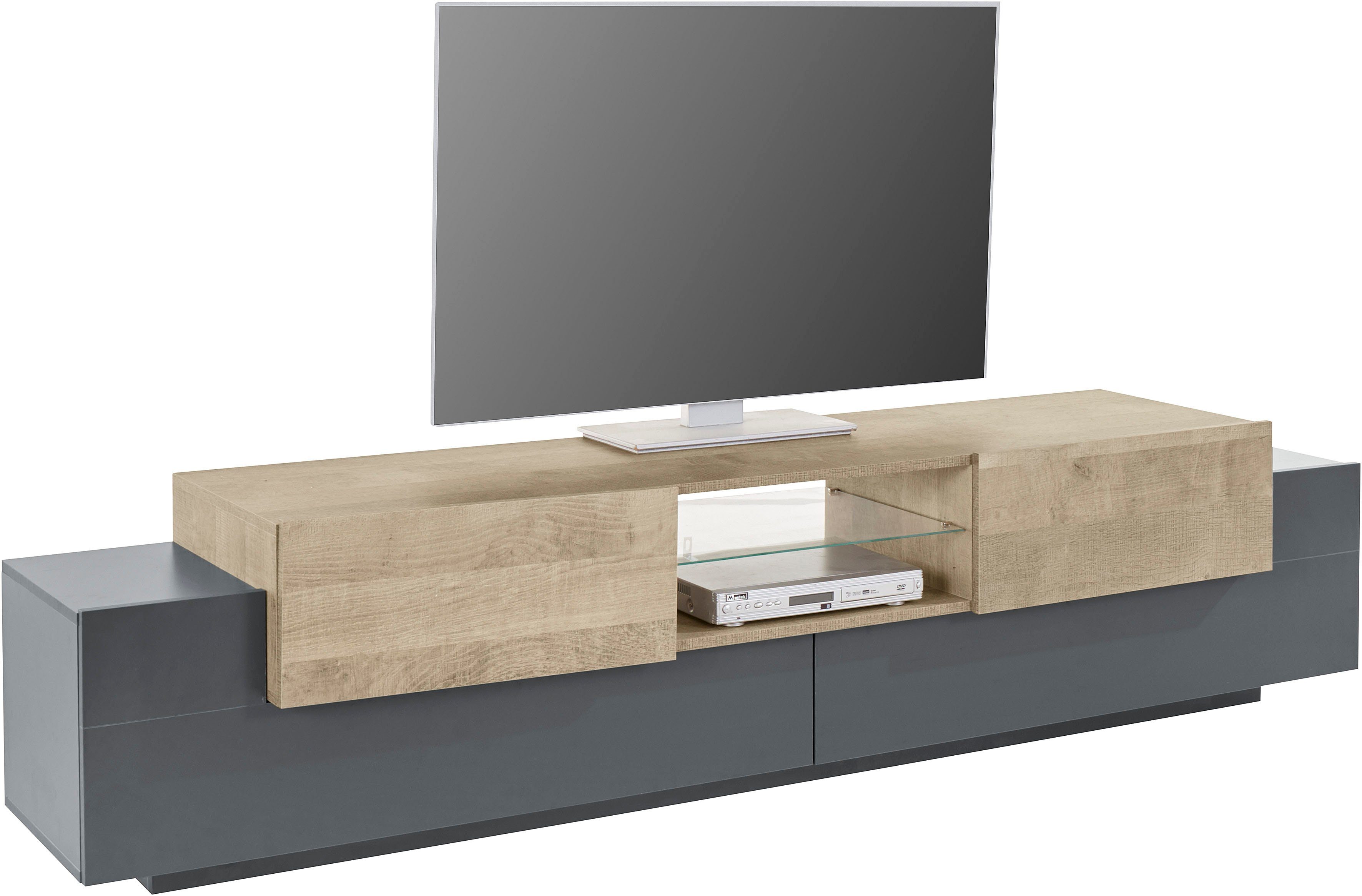 INOSIGN Tv-meubel Coro, lowboard, TV-commode, TV-meubelen, TV-bank met 2 kleppen, 2 deuren, 1 glazen plank, breedte 220