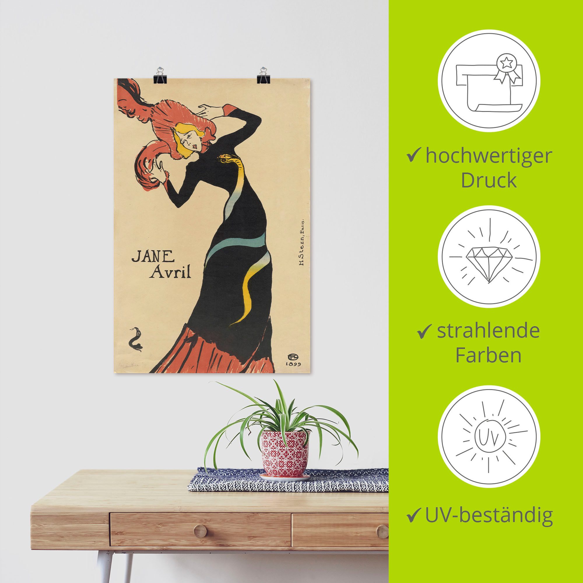 Artland Artprint Jane Avril (poster). 1899 als artprint van aluminium, artprint op linnen, muursticker of poster in verschillende maten