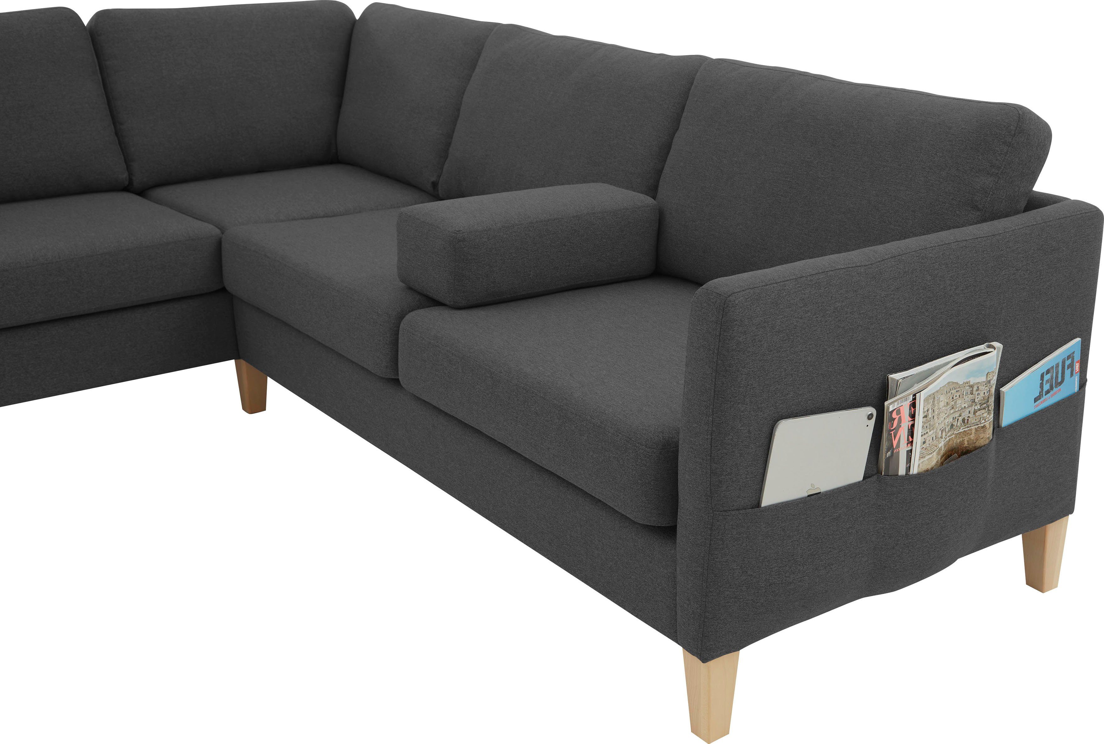 ATLANTIC home collection Hoekbank Mailo L-vorm met zakken opzij en ottomane, met massief houten poten