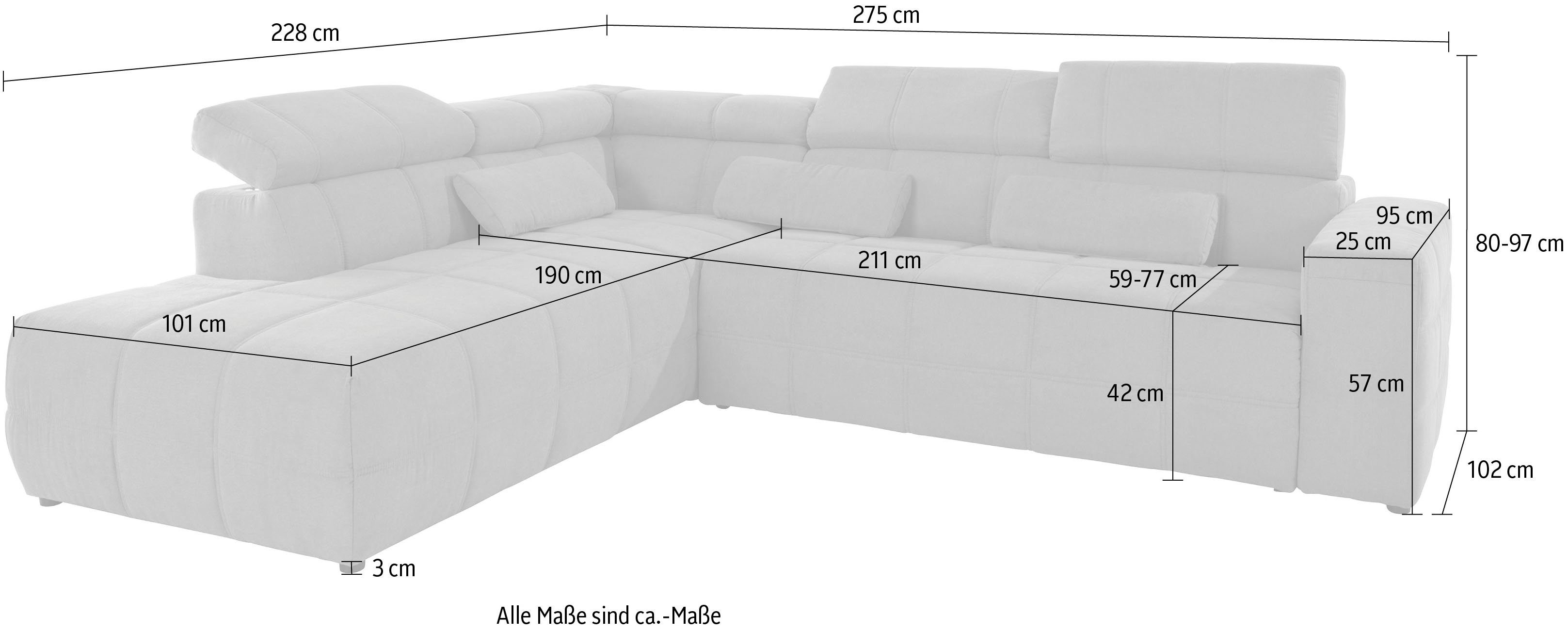 DOMO collection Hoekbank Brandon L-vorm, ook in leer met verstelbare hoofdsteun, naar keuze met verstelbare zitdiepte