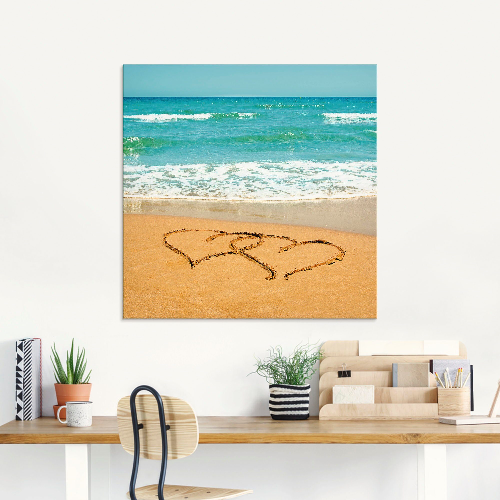 Artland Print op glas Harten in het zand in verschillende maten