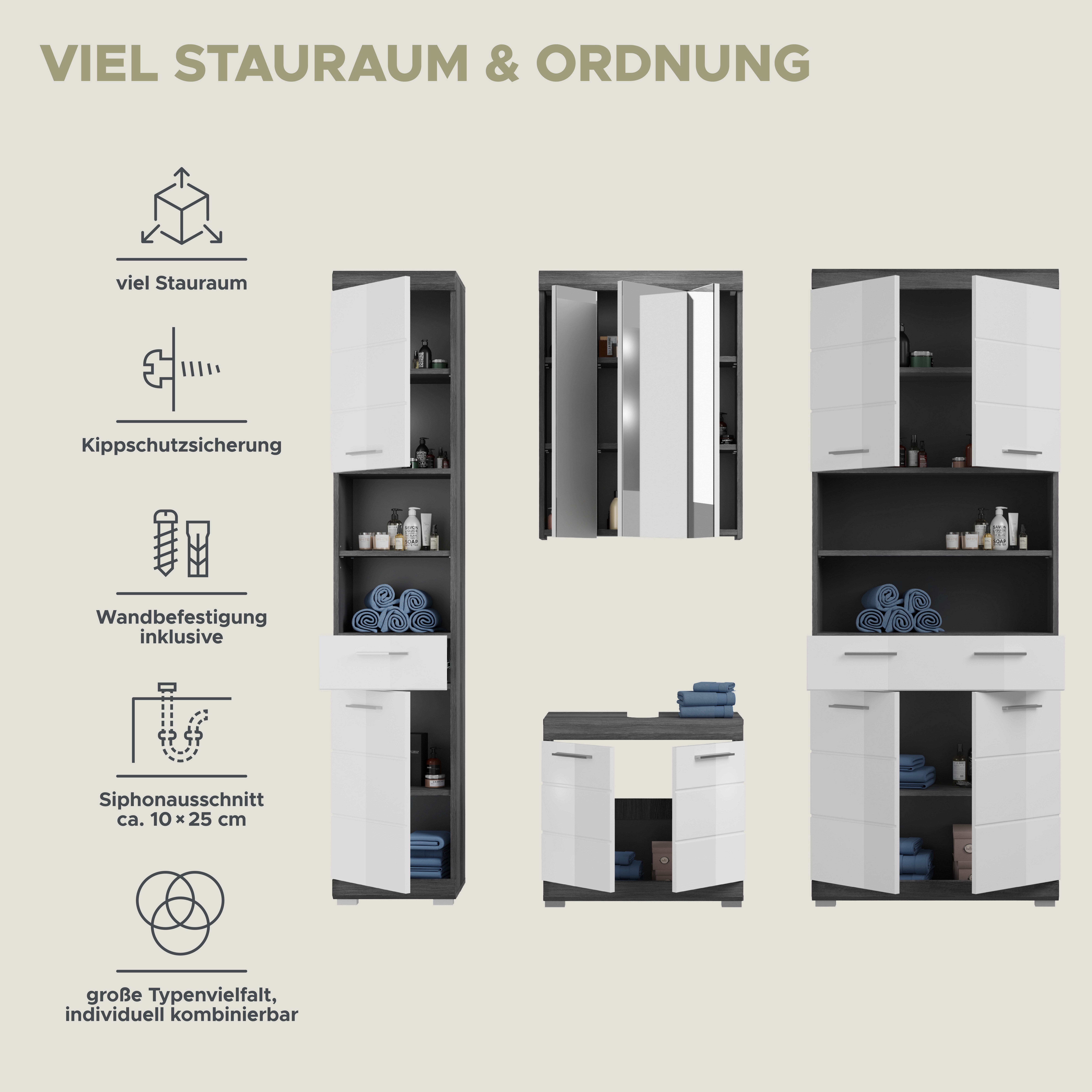 INOSIGN Badkamerserie Siena, 4-delig, bestaande uit: Smalle hoge kast, WBU, spiegelkast, brede hoge kast (set, 4-delig)