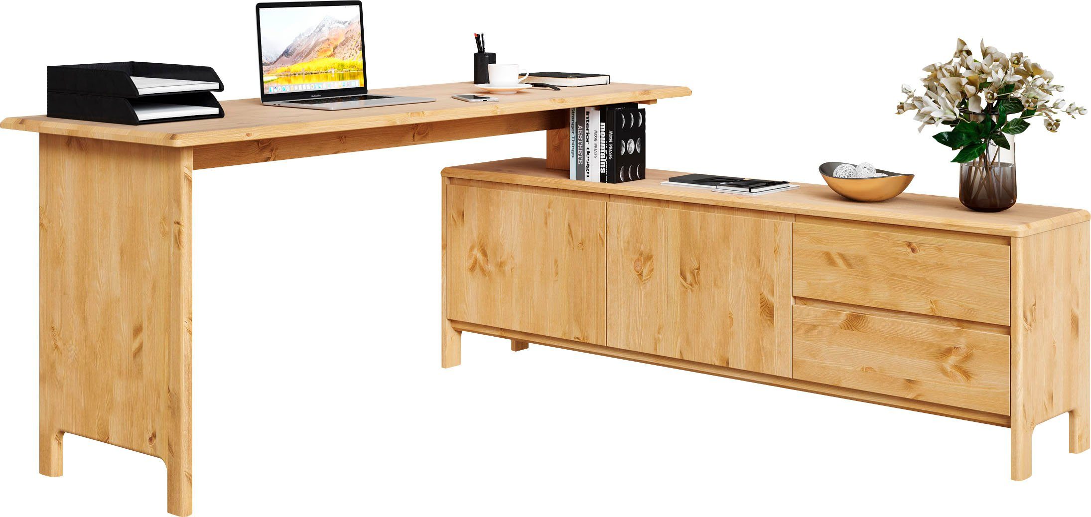 Home affaire Bureau Luven, van massief hout in 2 breedtes, variabel gebruik als bureau of hoekbureau