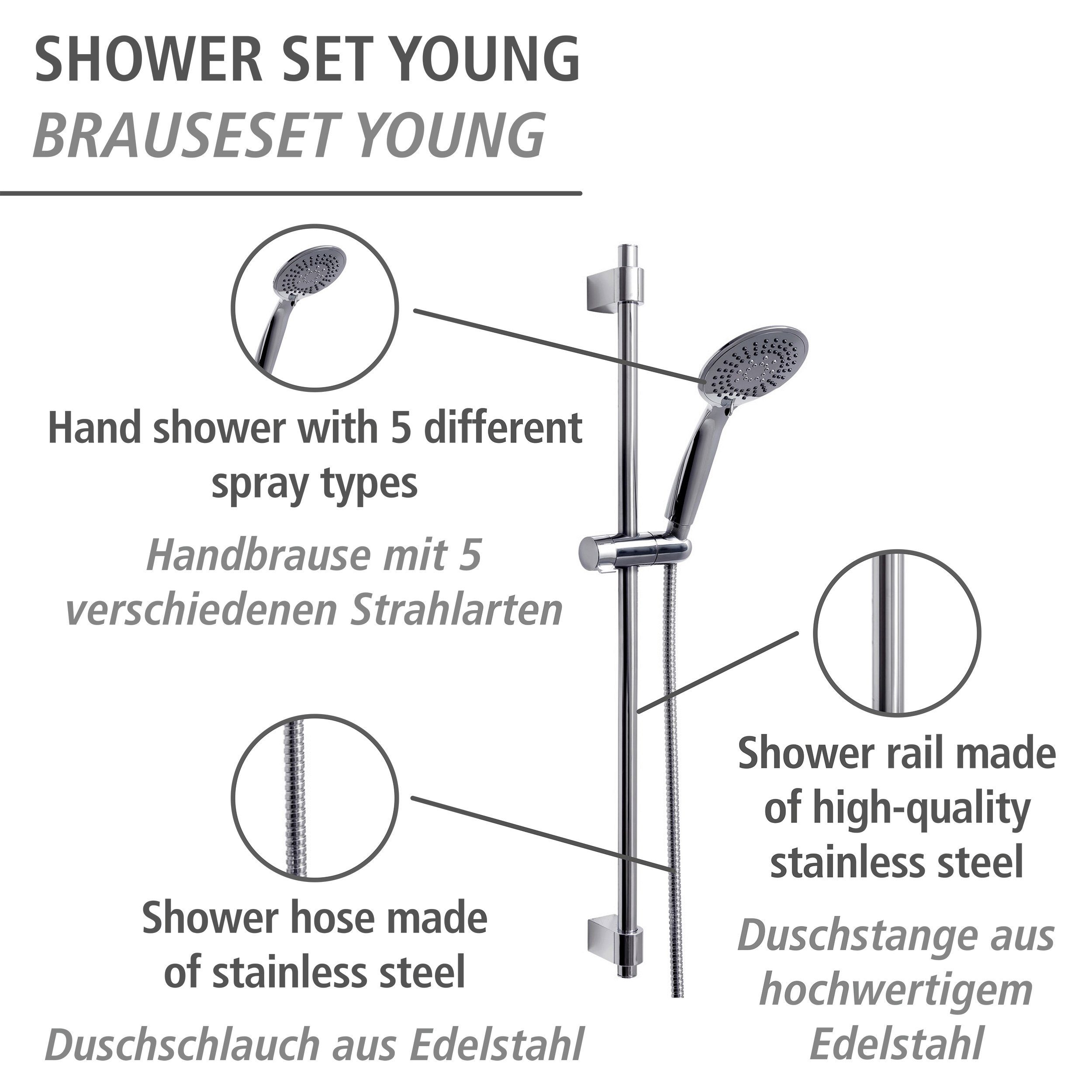 WENKO Douchestang-set Young Chroom, lengte stang: 66 cm