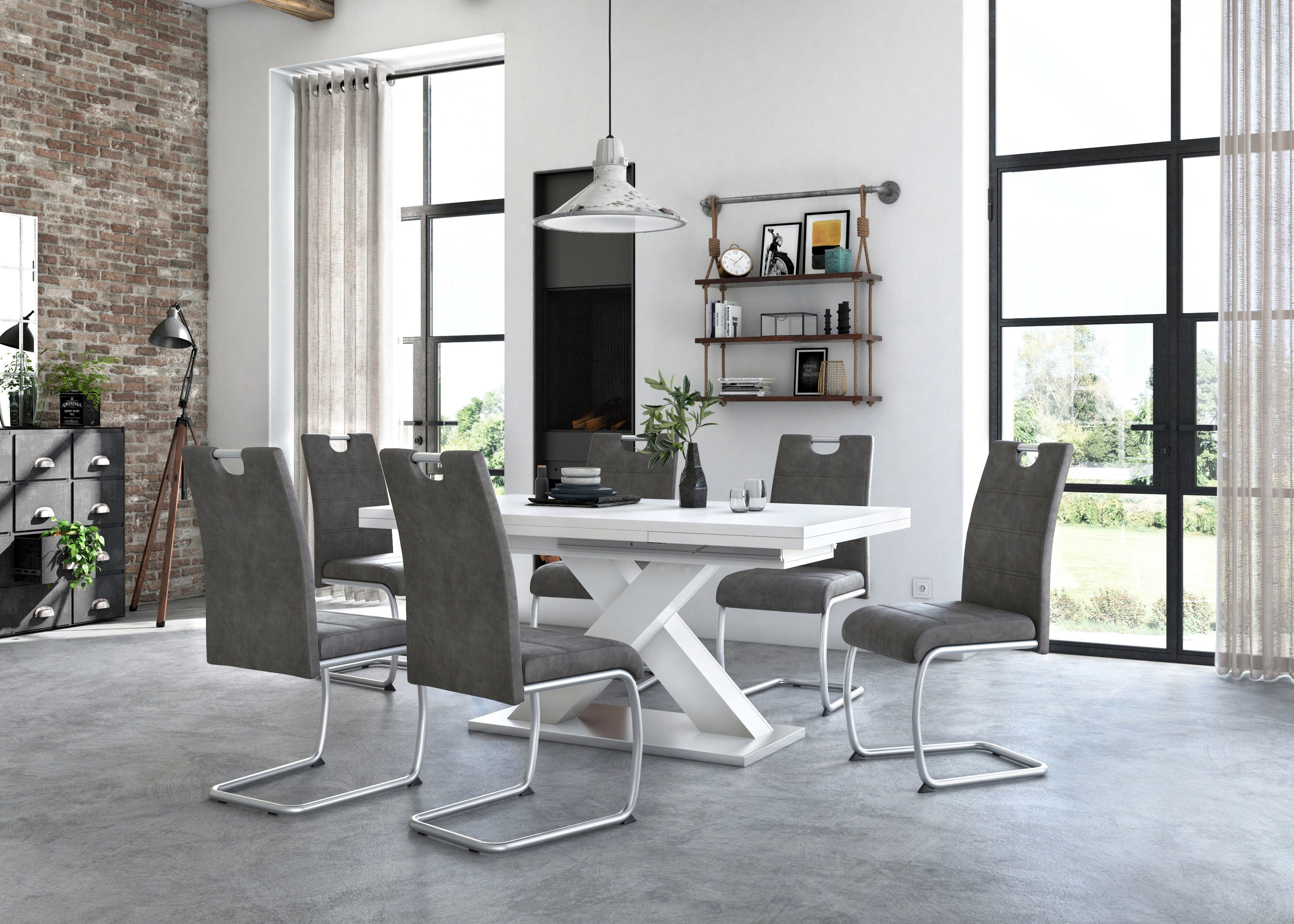 Mäusbacher Eettafel Comfort C met x-frame in wit en met uittrekfunctie, breedte 180-280 cm