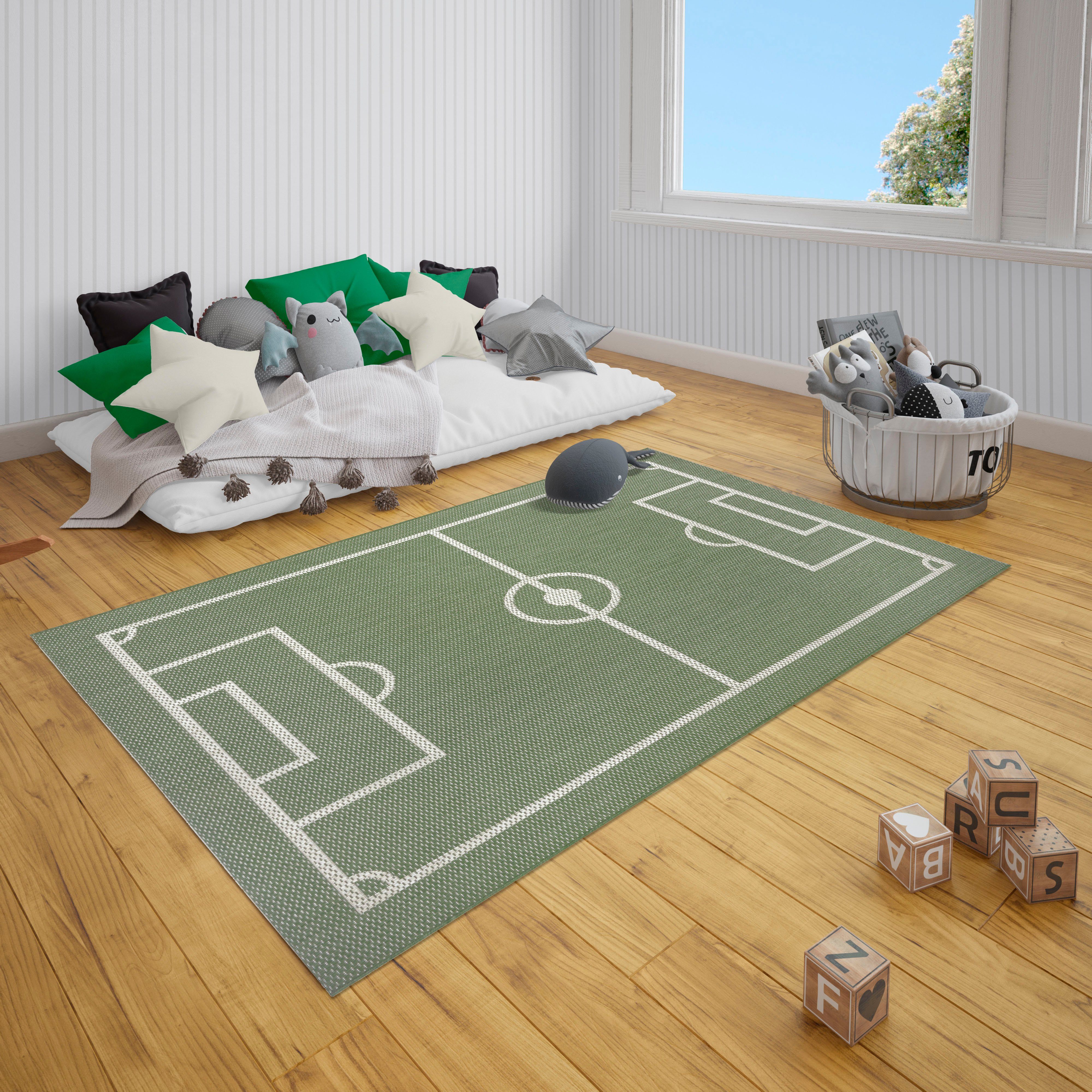 Lüttenhütt Kindervloerkleed Voetbalveld Voetbal, speelmat, platweefsel, slijtvast, gemakkelijk in onderhoud