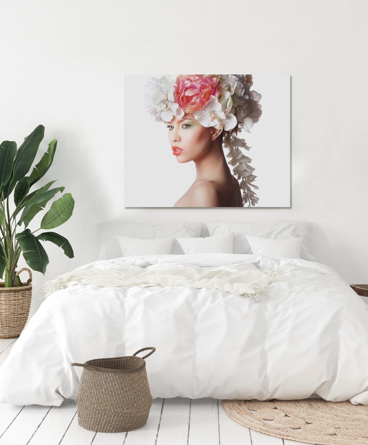 queence Artprint op acrylglas Vrouw met bloemenhoed Fine Art-print in galeriekwaliteit