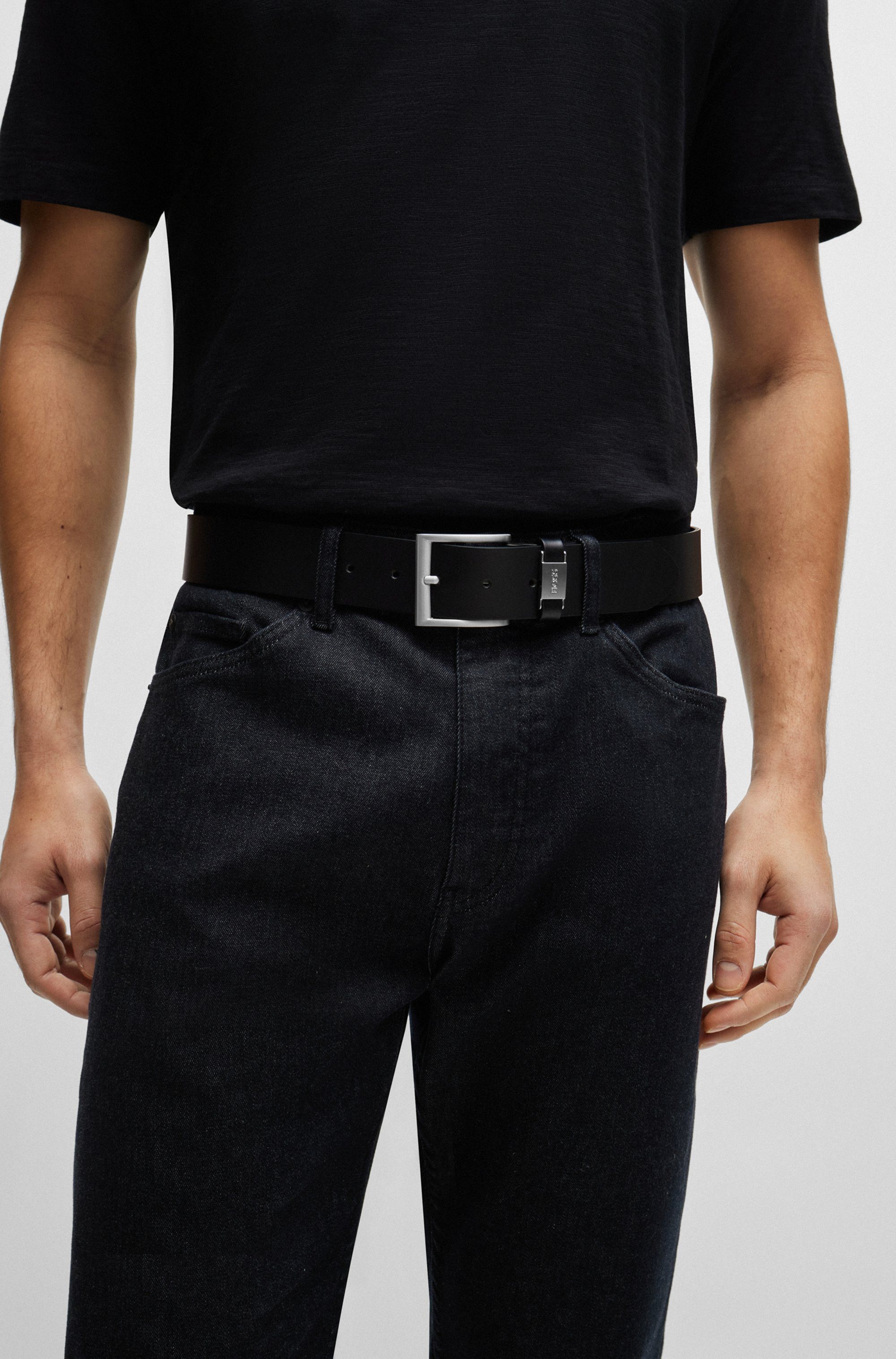 Boss Leren riem Connio zilverkleurige sluiting & logo-tekst op de lus