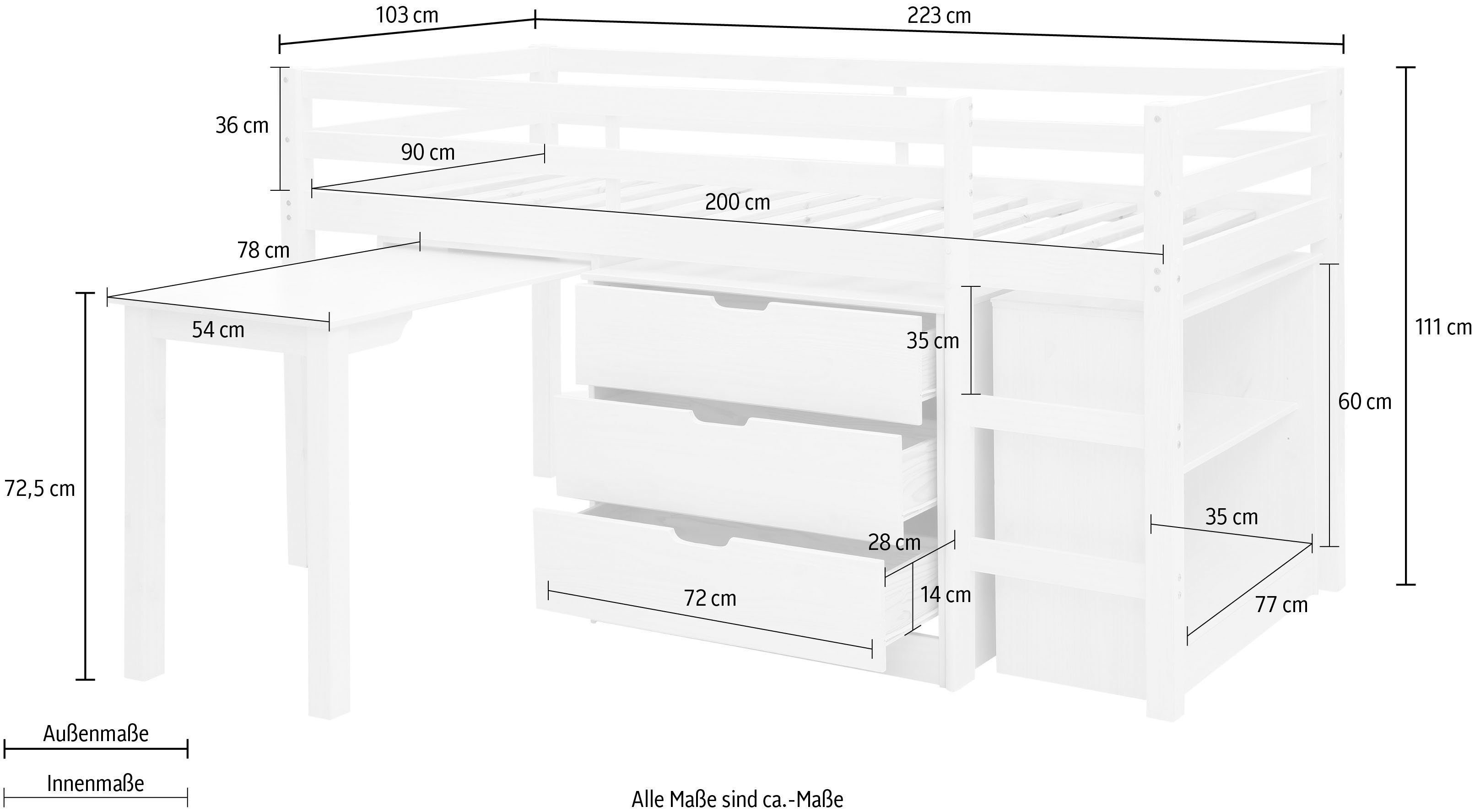 Lüttenhütt Hoogslaper Alpi Met lattenbodem, ladder, legplank, commode en uitschuifbaar bureau