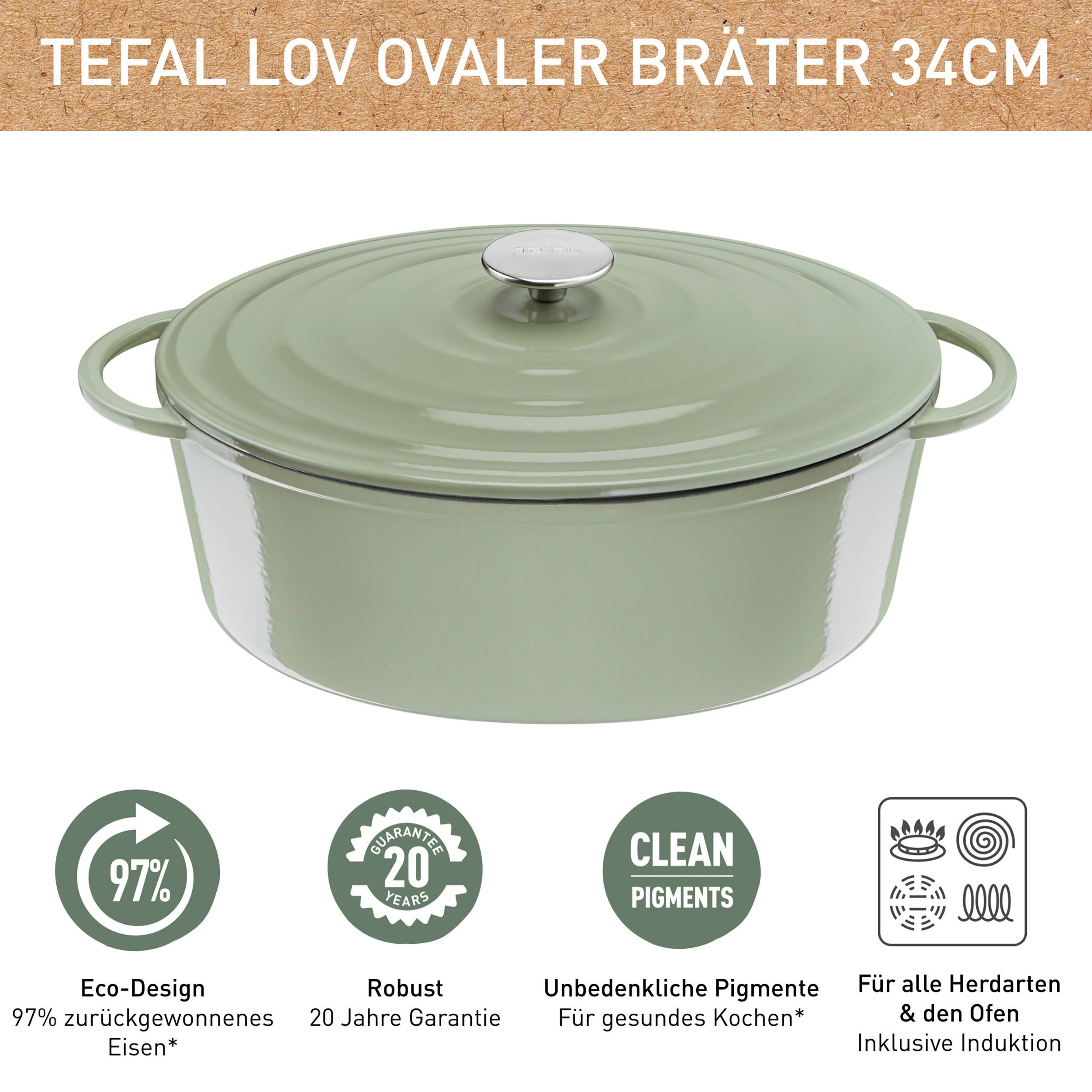 Tefal Braadpan LOV braadpan met deksel, Ø 34 cm, ovaal Inductie, geschikt voor alle soorten fornuizen, incl. e-book (1-delig)
