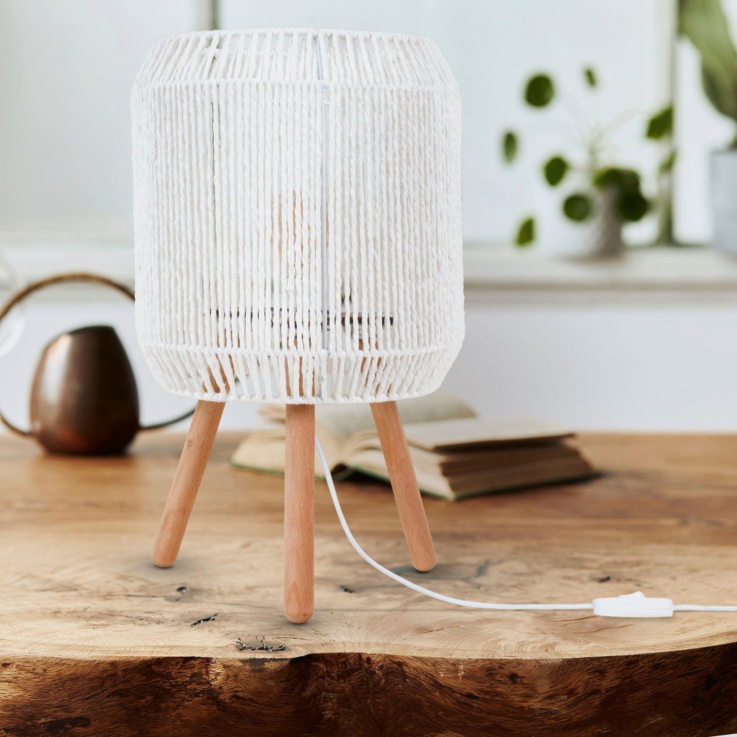 Paco Home Tafellamp Sol Boho decoratie lampenkap mand hout E27