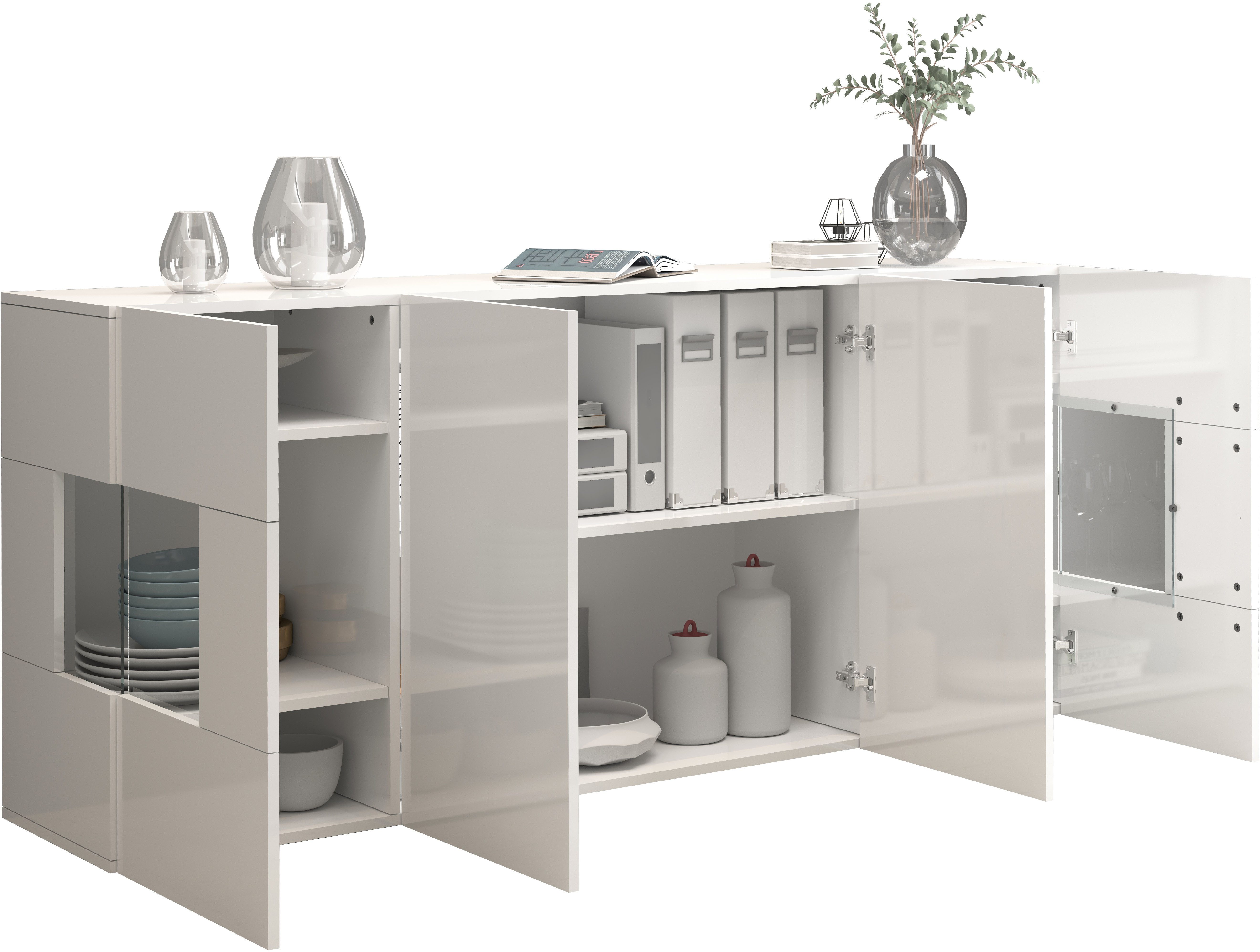 INOSIGN Dressoir Egypte, Ladekast, Kast, Buffet, Vitrine greeploos 4 deuren waarvan 2 met glas inzet, compleet hoogglans gelakt, breedte 180