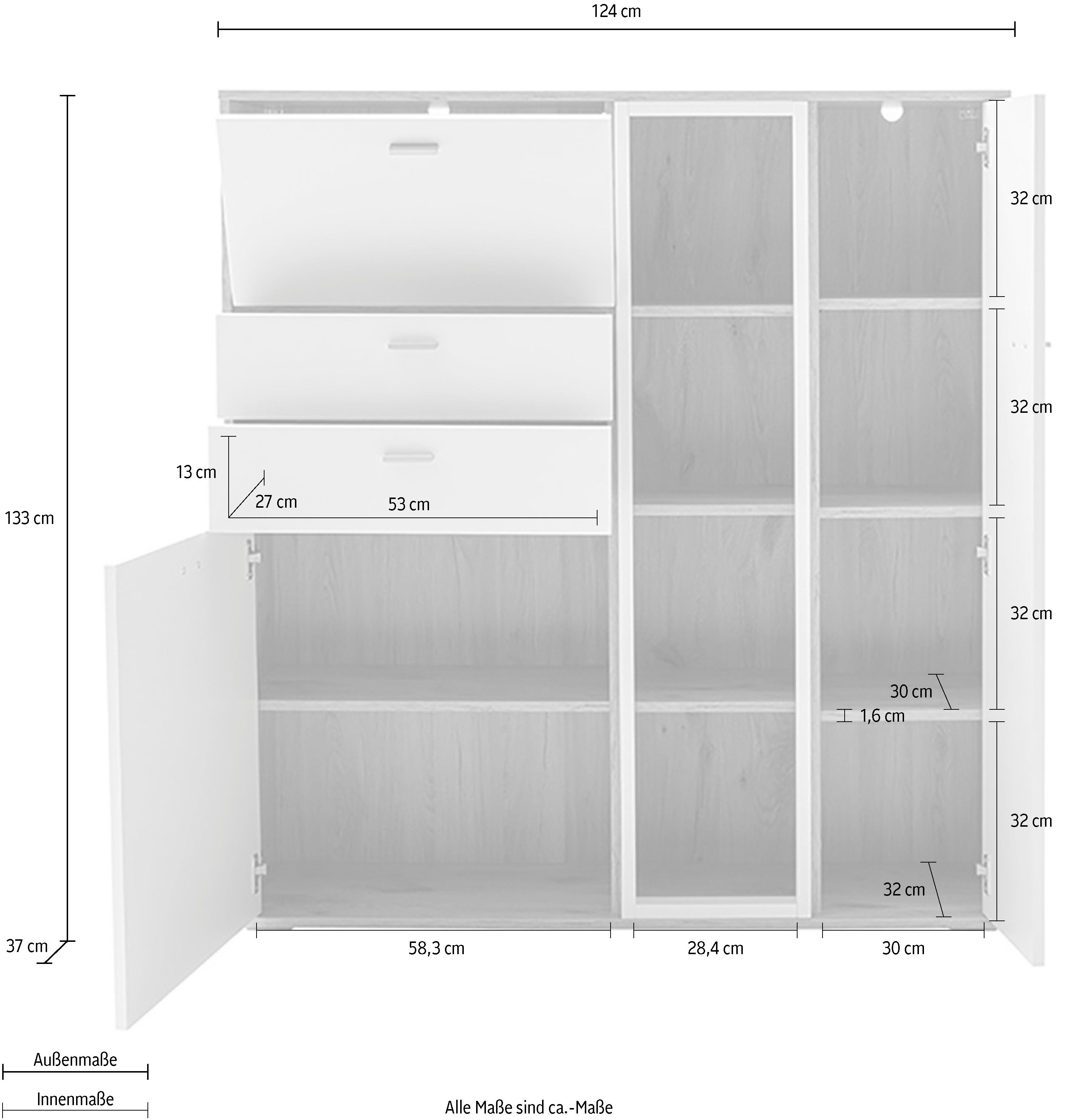 MCA furniture Highboard SANTERNO met 2 deuren, 2 lades, gedempt, 1 klep, 4 vakken, breedte 124 cm