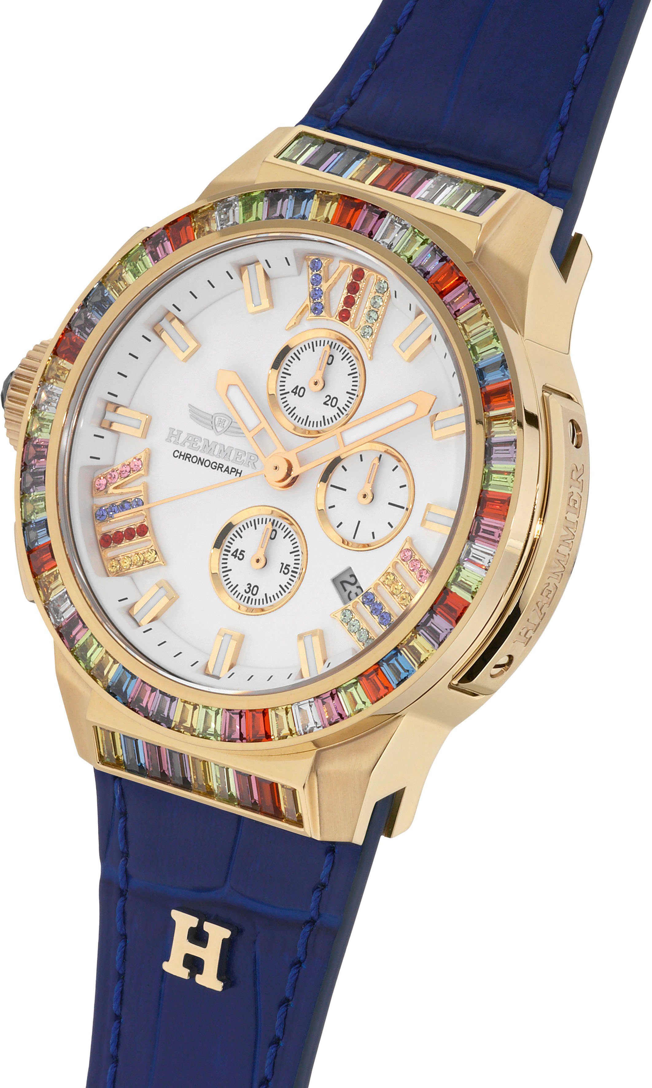 HAEMMER GERMANY Chronograaf Glorious Quartzhorloge, dameshorloge, datum, stopwatchfunctie, saffierglas, leren band