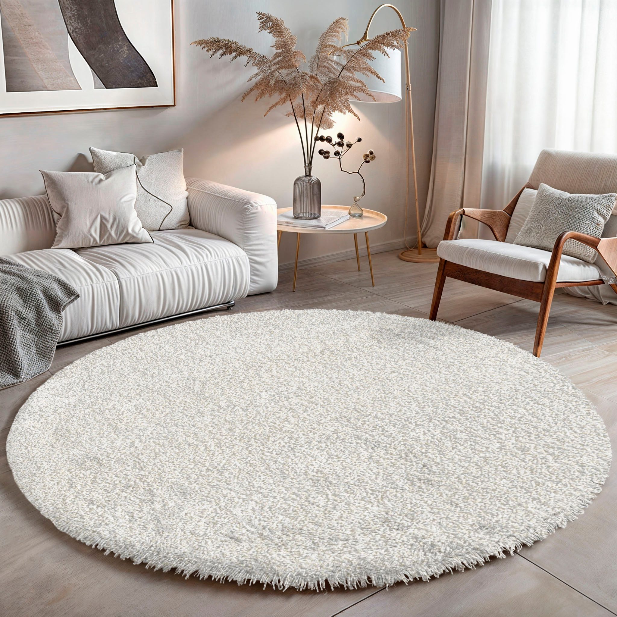 my home Hoogpolig vloerkleed Banji Uni-kleuren, zacht en fluffy, ook als rechthoekig verkrijgbaar moderne vloerkleden maat Ø 150 cm x 37 mm beige