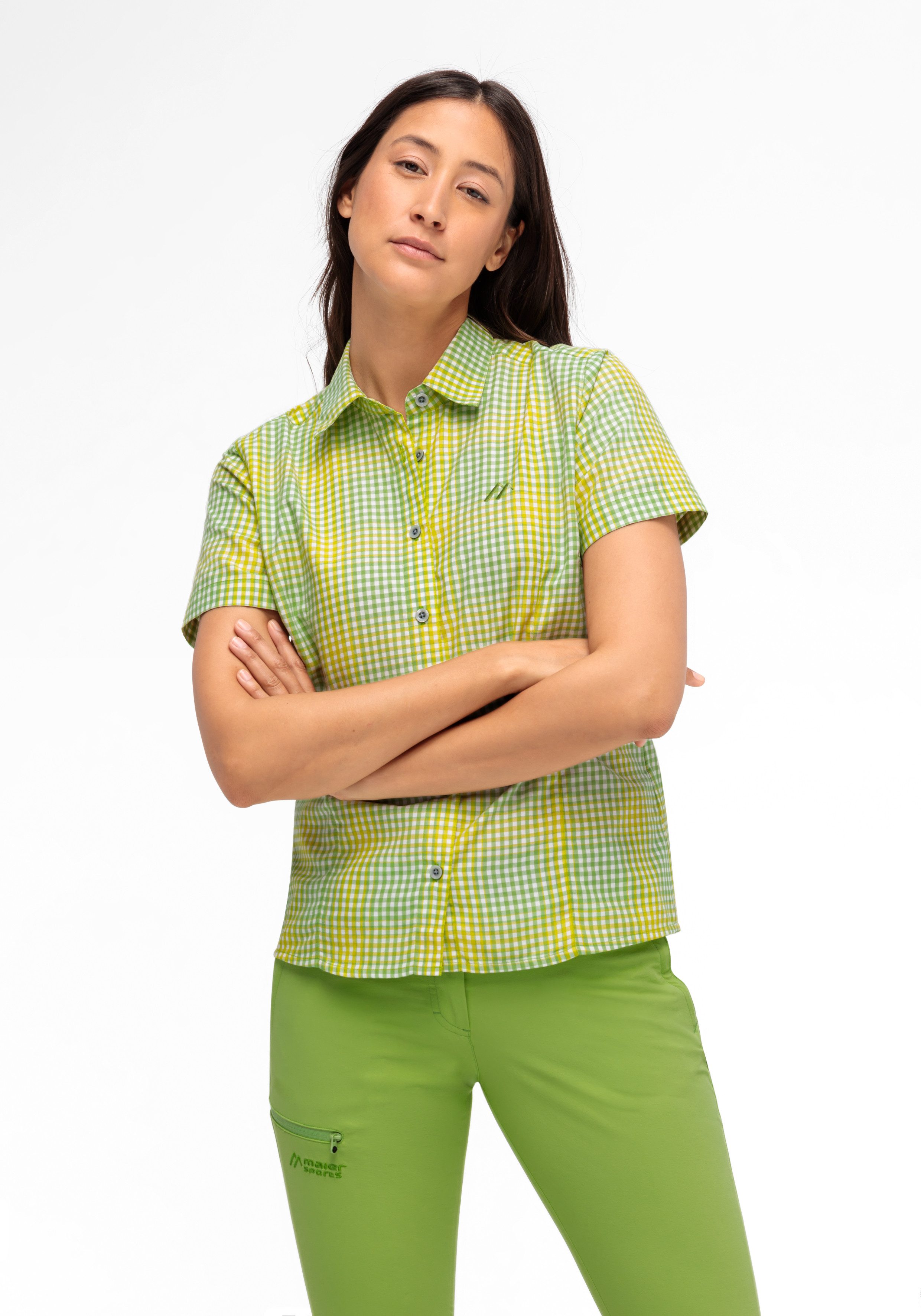Maier Sports Functionele blouse Philina Geruite blouse met korte mouwen voor wandelen reizen en vrije tijd