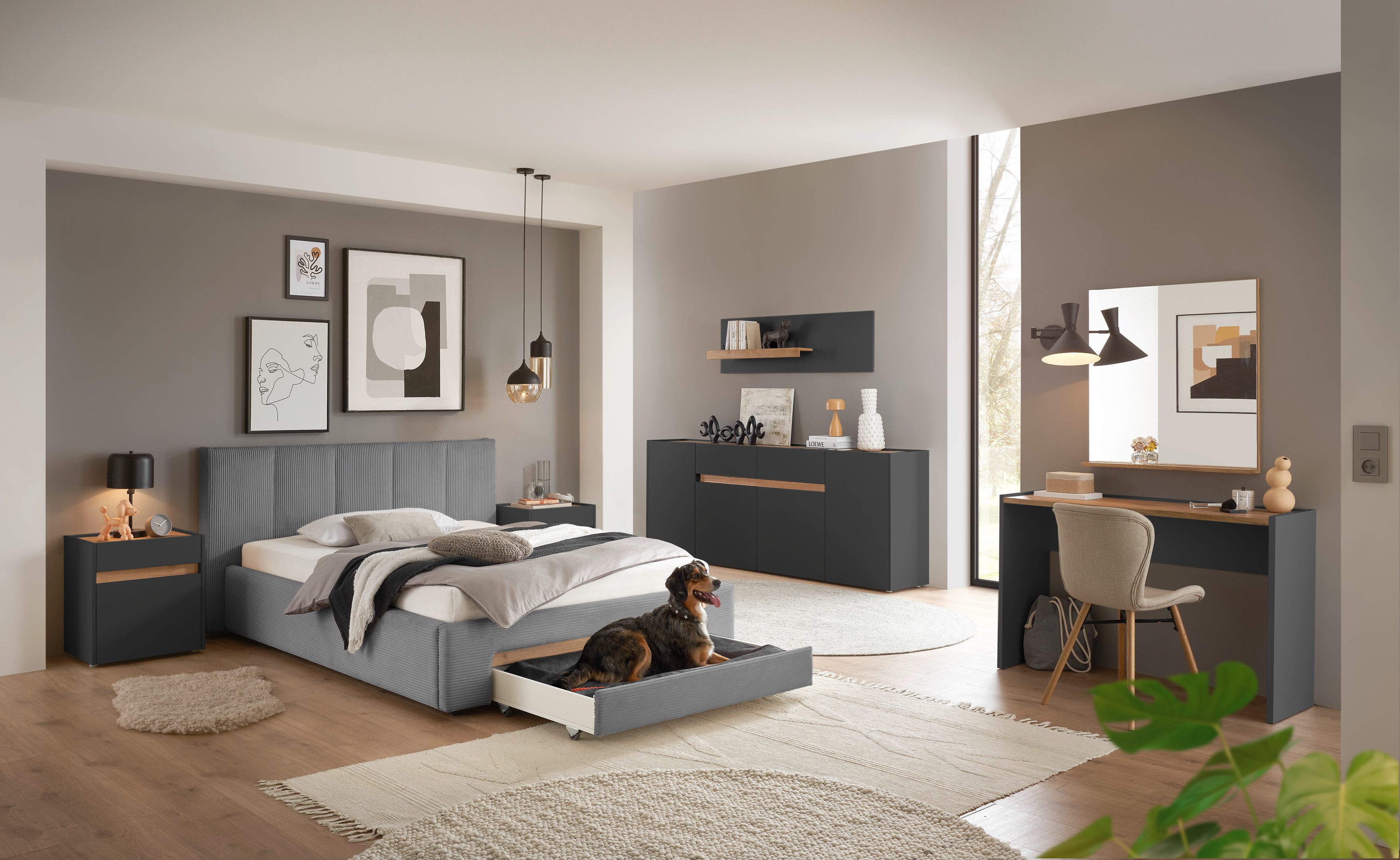 INOSIGN Gestoffeerd bed CiTY/GiRON, bedframe met bedlade, gestoffeerd opbergbed met hondenbed of opberglade, bekleding van corduroy of linnenlook