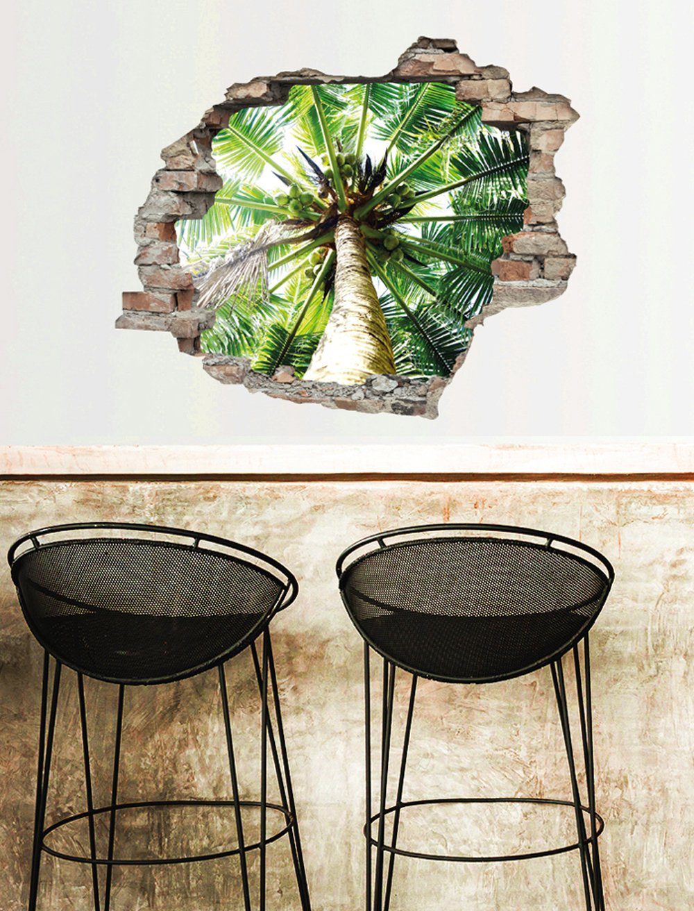queence Wandfolie Palm Muursticker, muurdecoratie, zelfklevend, 3D, muurdurchbraak (1 stuk)