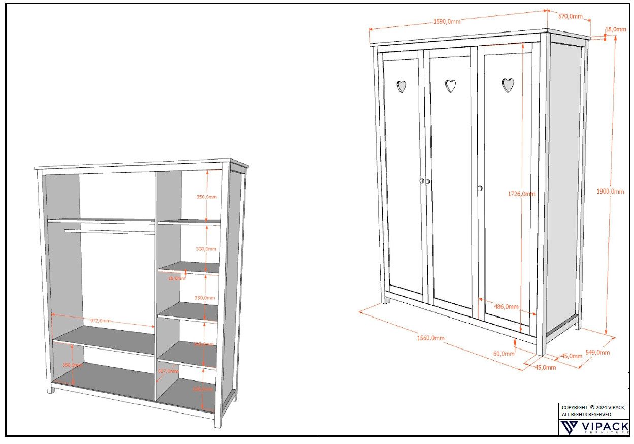 Vipack Complete babykamerset Amori 4-delig met hartornamenten, MDF/massief wit gelakt (4-delig)