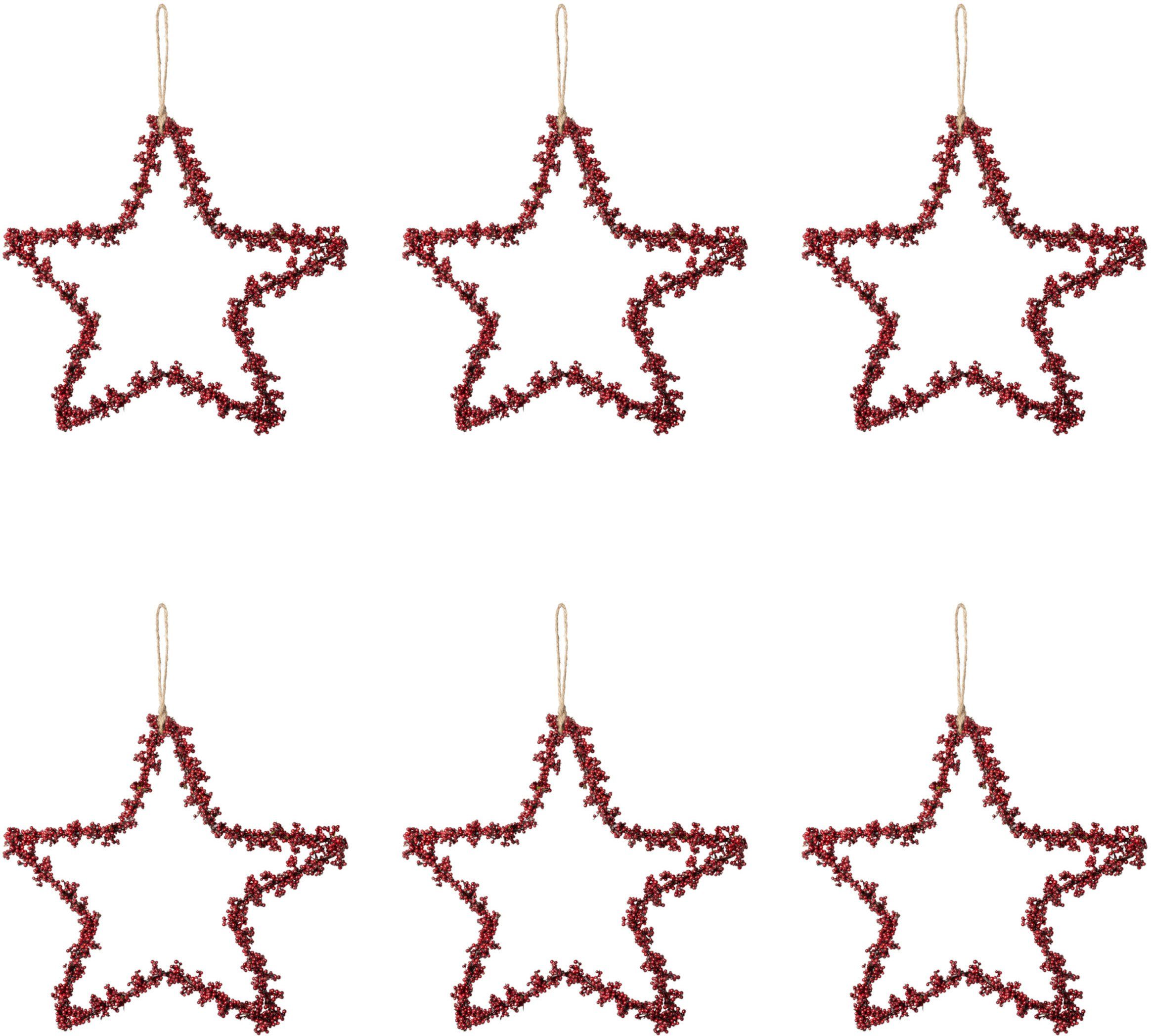 Creativ deco Sierster Kerstster, kerstversiering rood met mini-bessen, hangdecoratie, 6-delige set, ø ca. 15 cm (6 stuks)