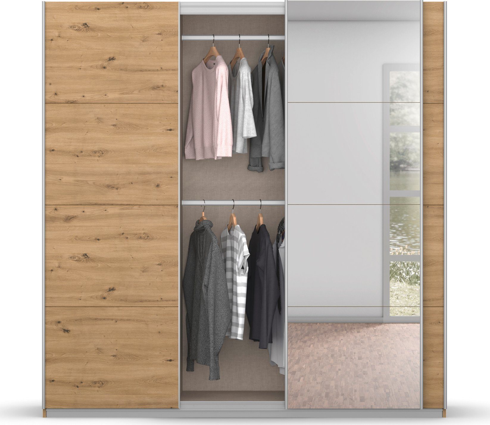 rauch Zweefdeurkast Kledingkast kast garderobe BESTSELLER KOLUNA met spiegel inclusief 2 binnenladen en extra legplanken made in germany