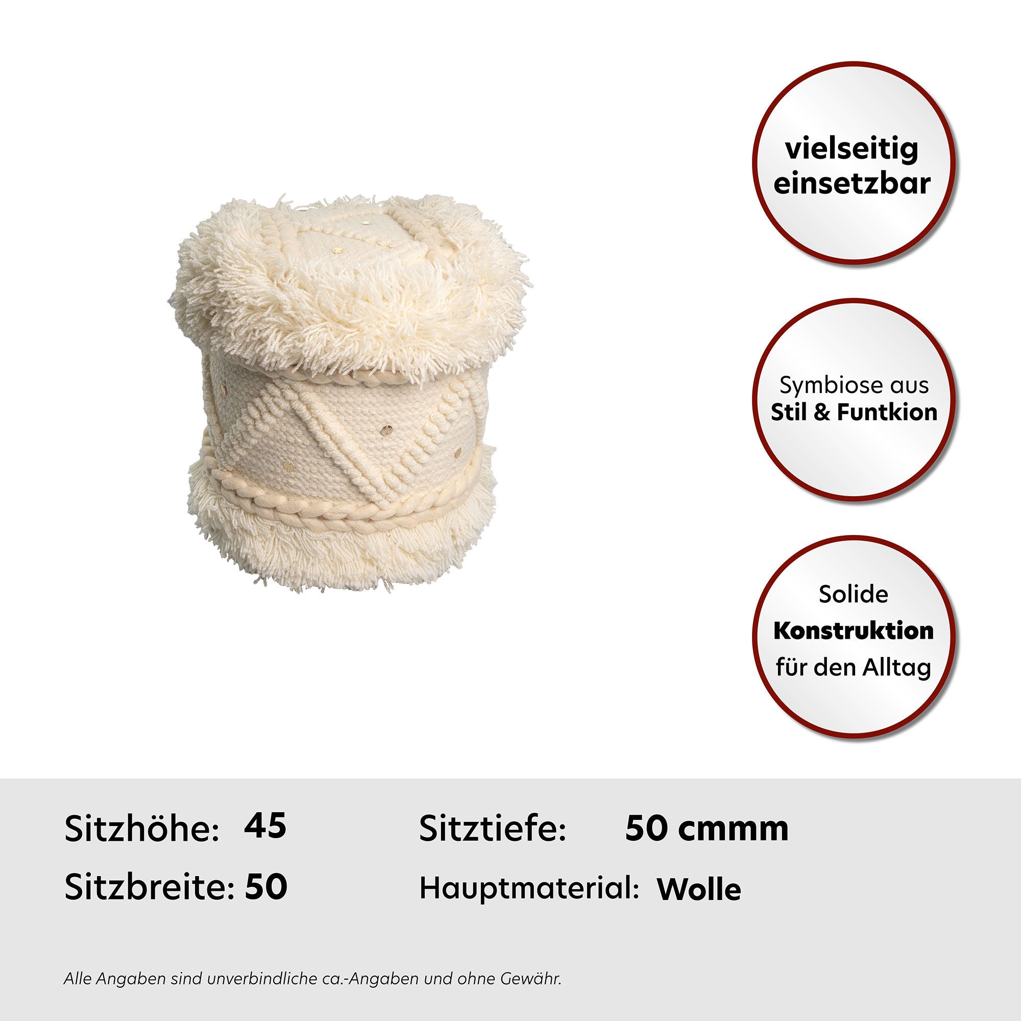 Kayoom Poef Bohist 525 35cm x 35cm, Structuren met franjes en kwasten handgemaakt, uniek, zeer goed te combineren, veelzijdig in gebruik (1 stuk)