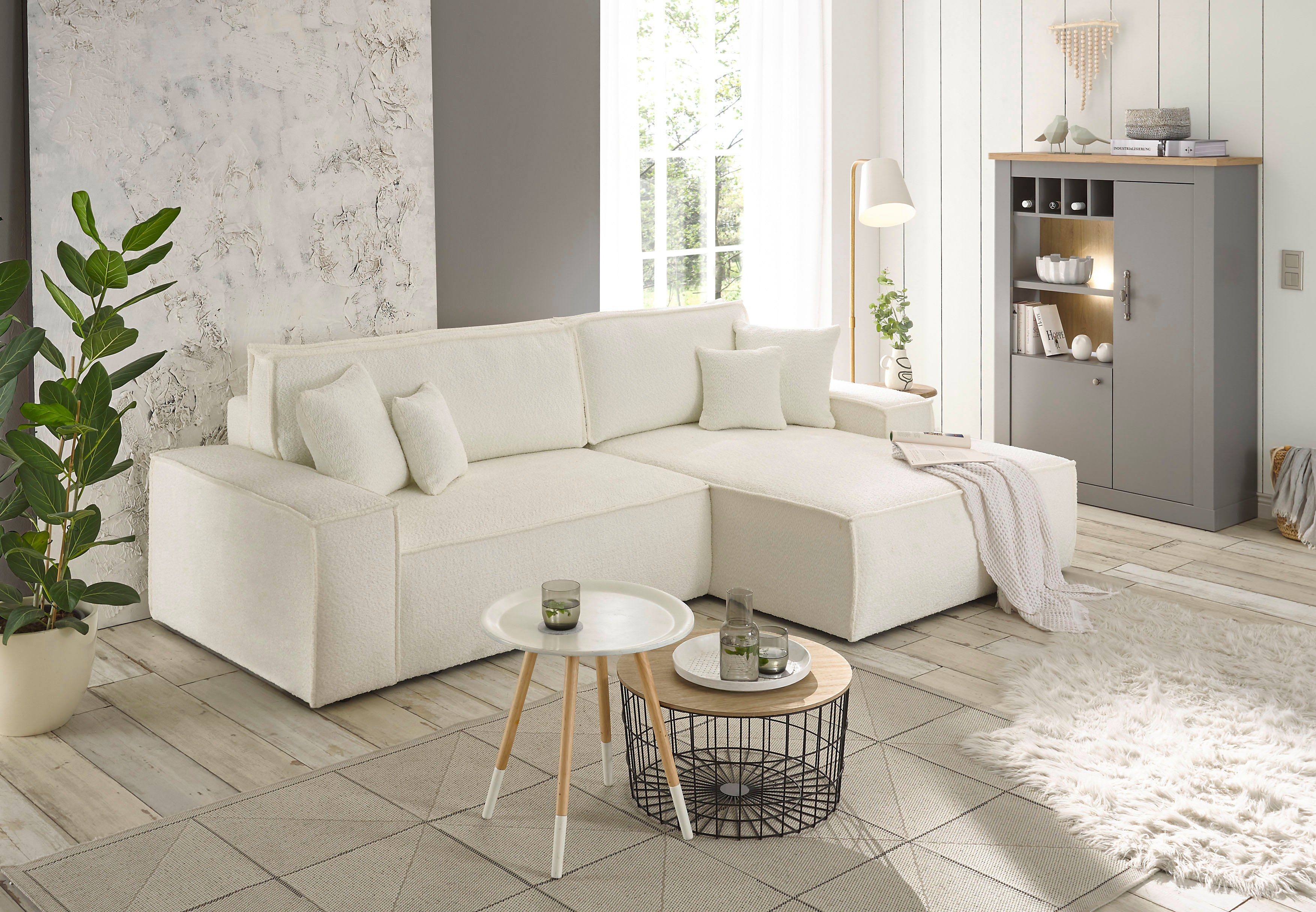 andas Hoekbank Finnley slaapbank 267 cm in Bouclé, fijne structuur en cord, L-vorm