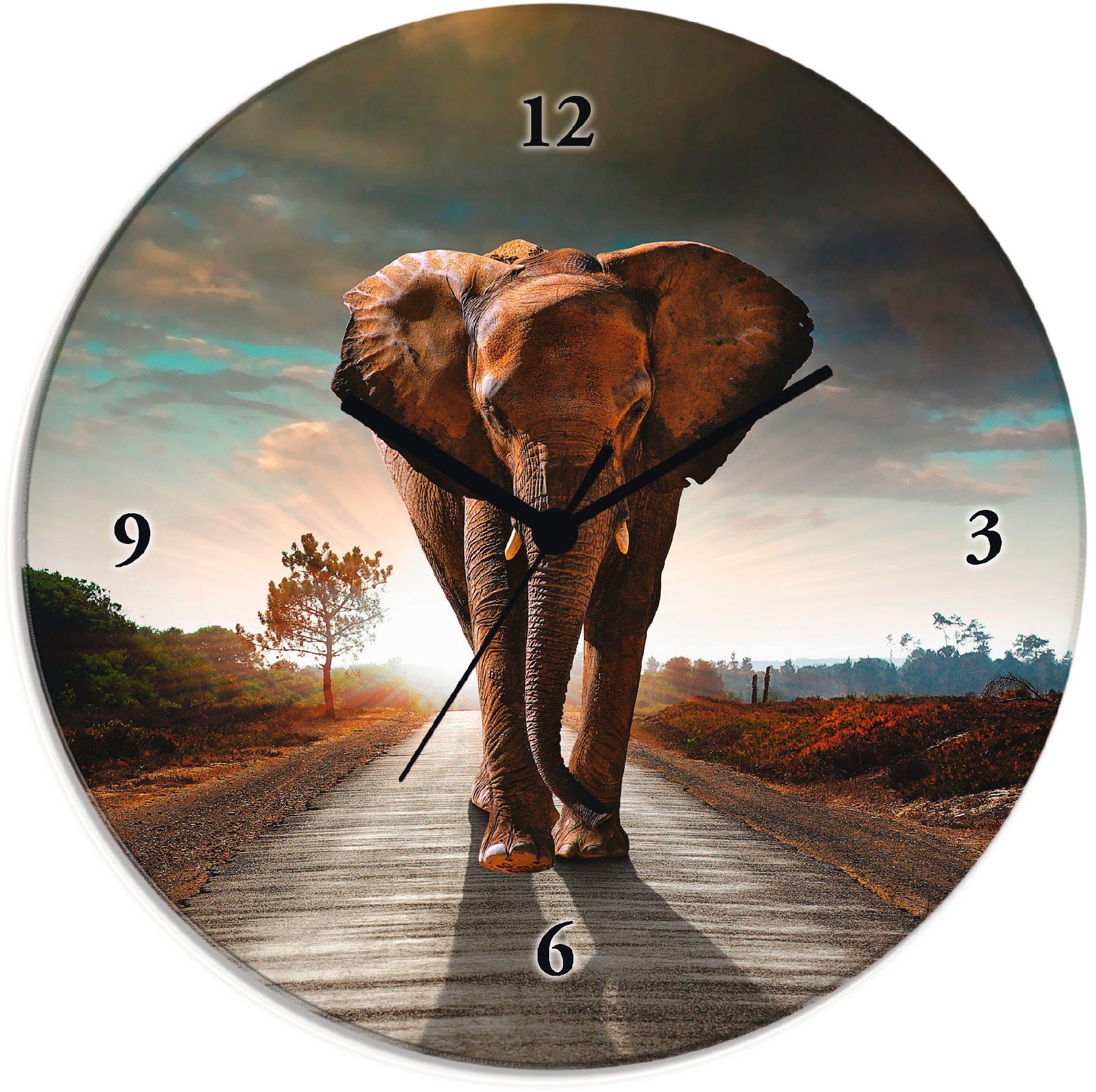 Artland Wandklok Een olifant loopt op de weg geluidloos, zonder tikkende geluiden, niet tikkend, geruisloos - naar keuze: radiografische klok of kwartsklok, moderne klok voor woonk