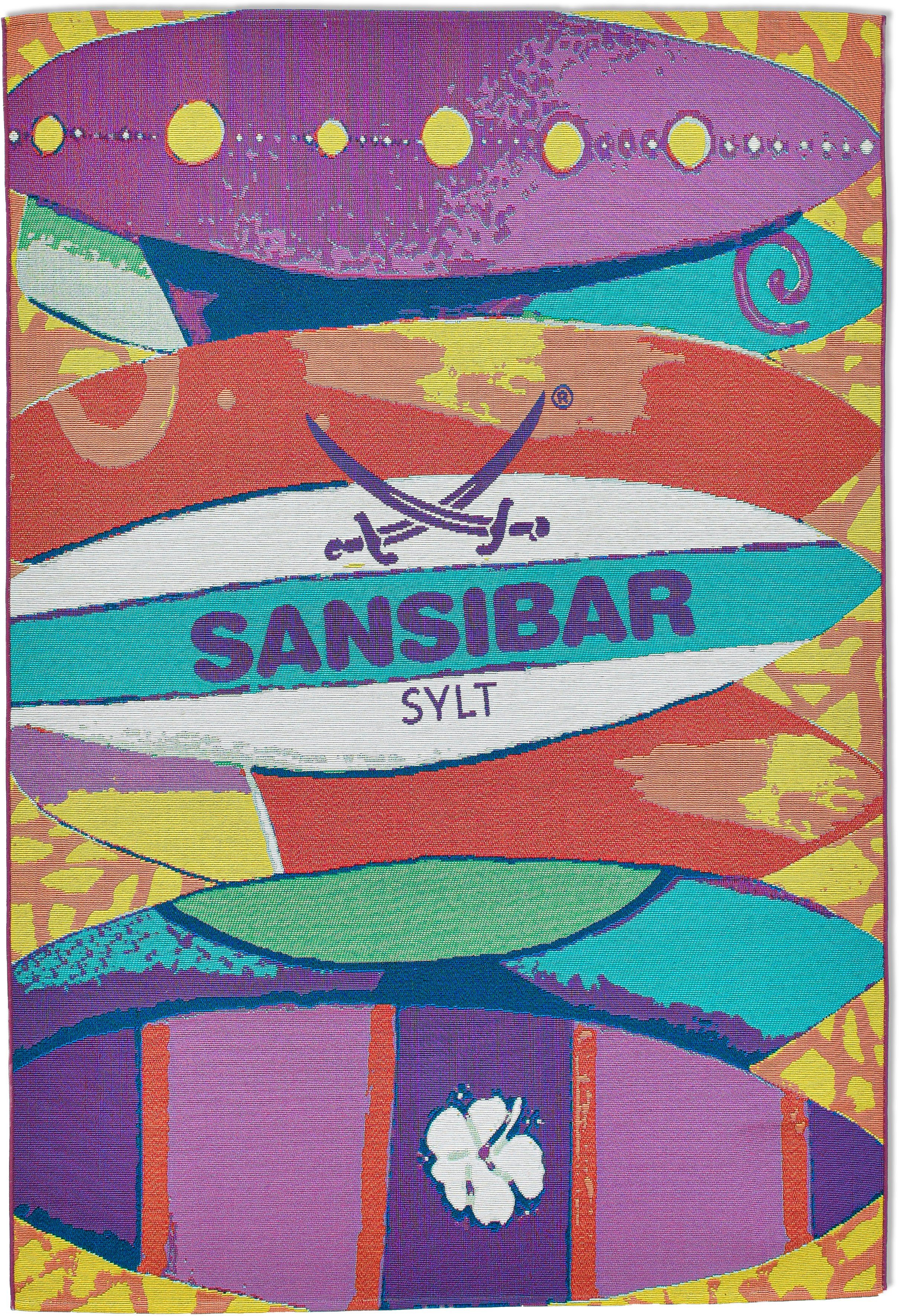 Sansibar Vloerkleed Rantum Beach SA-020 Vlakweefsel, modern ontwerp, motief surfplanken, geschikt voor buiten