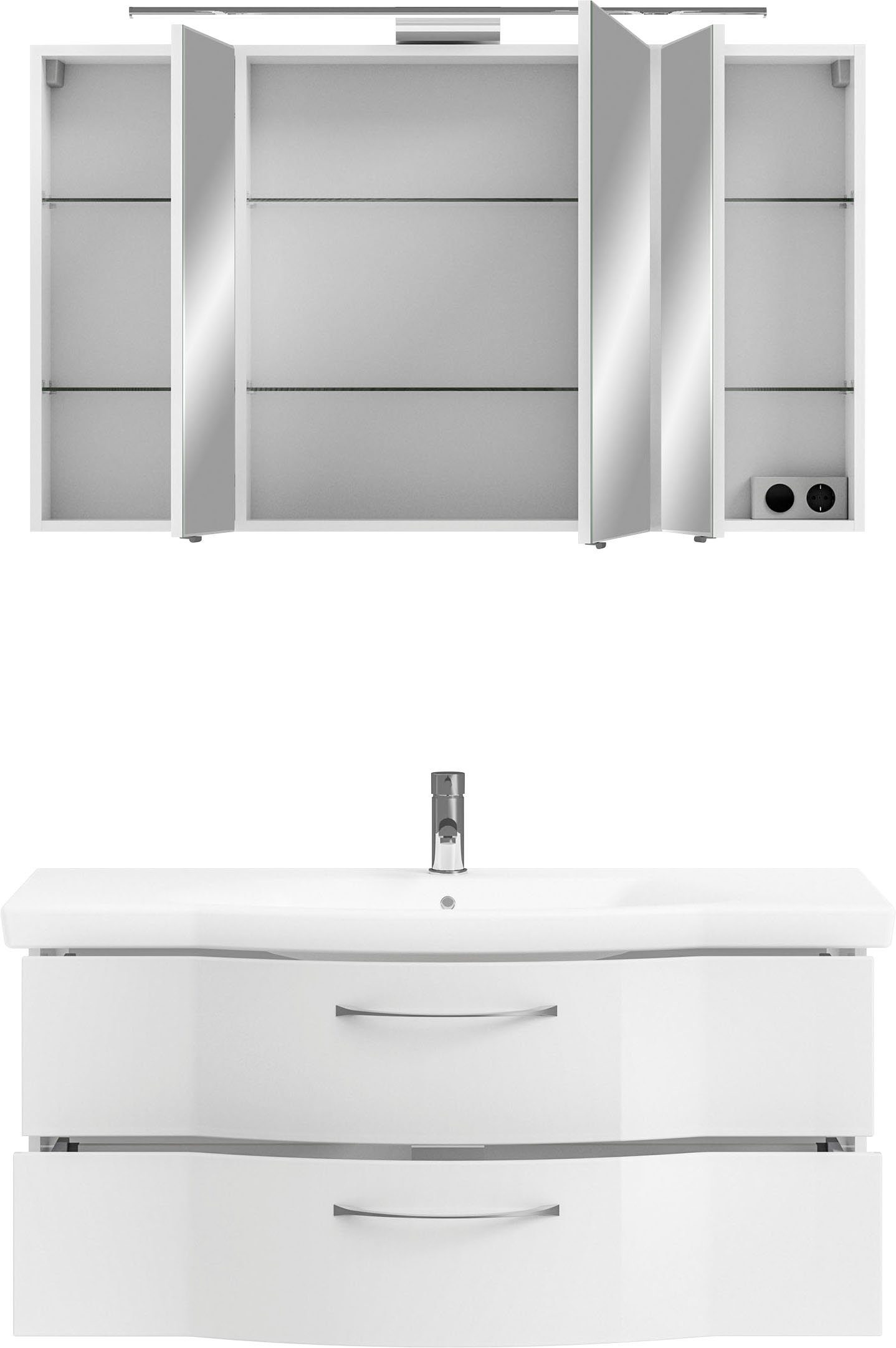 Saphir Badkamerserie 6005 sprint keramiek-wastafelonderkast met led-spiegelkast, 122 cm breed Wastafelmeubel inclusief deurdemper, 3 deuren, 2 laden, wastafelonderkast set (2-delig)