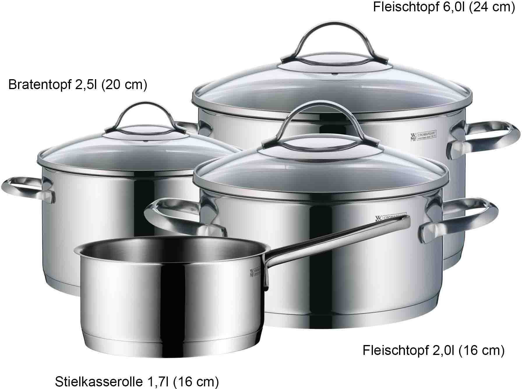 WMF Pannenset Provence Plus 4-delig, inductie potten set met glazen deksel ongecoat, geschikt voor alle soorten fornuizen, zonder binnenschaalverdeling (set, 7-delig)