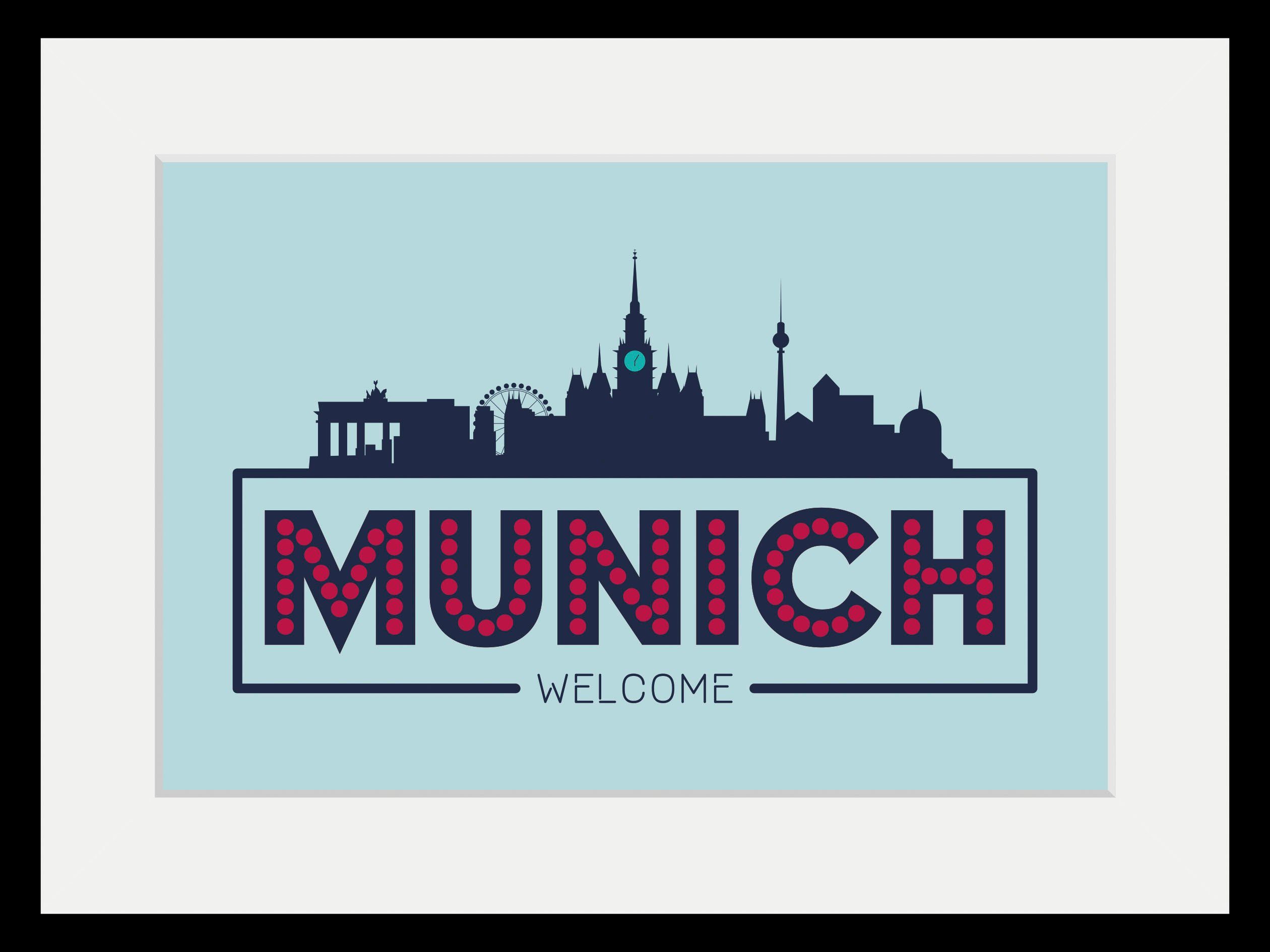 queence Wanddecoratie Welcome Munich HD premium posterdruk incl. houten lijst (1 stuk)