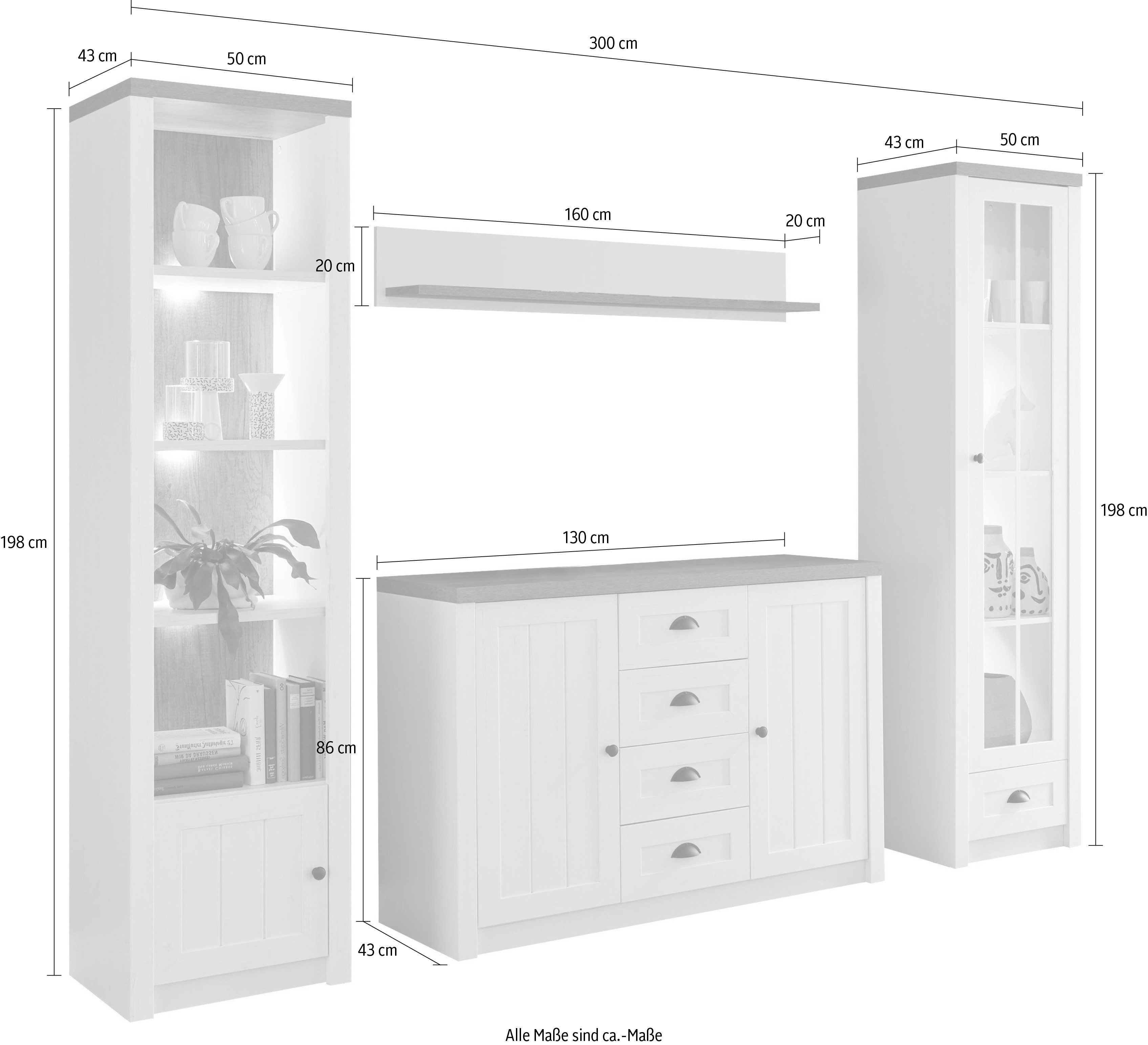 Home affaire Wandmeubel Beauvais Randen en kroonlijsten, totale breedte van het wandmeubel 300 cm (set, 4-delig)