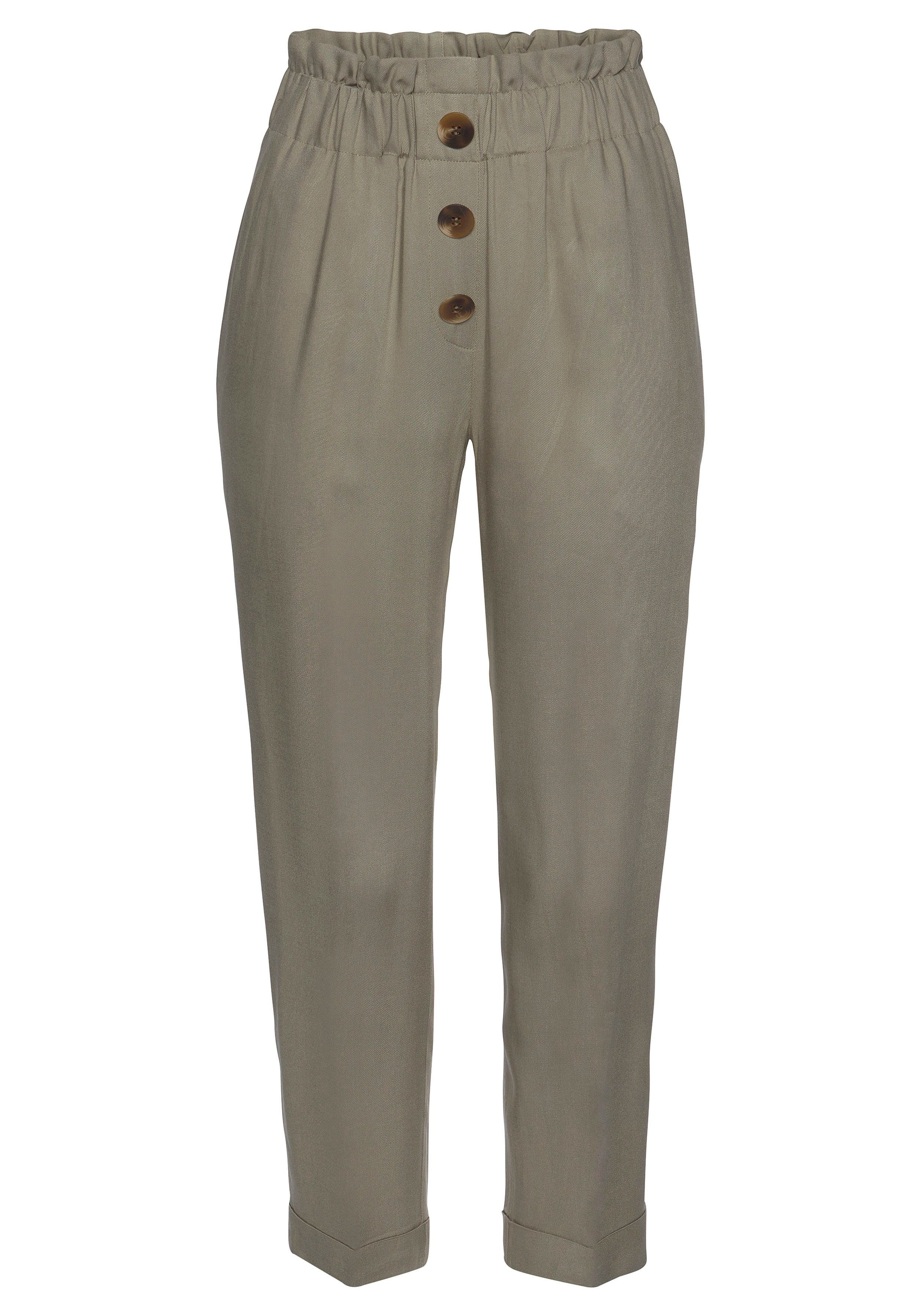 Lascana Paperbag-broek met sierknopen en elastische tailleband, stofbroek, opgerolde broekzoom