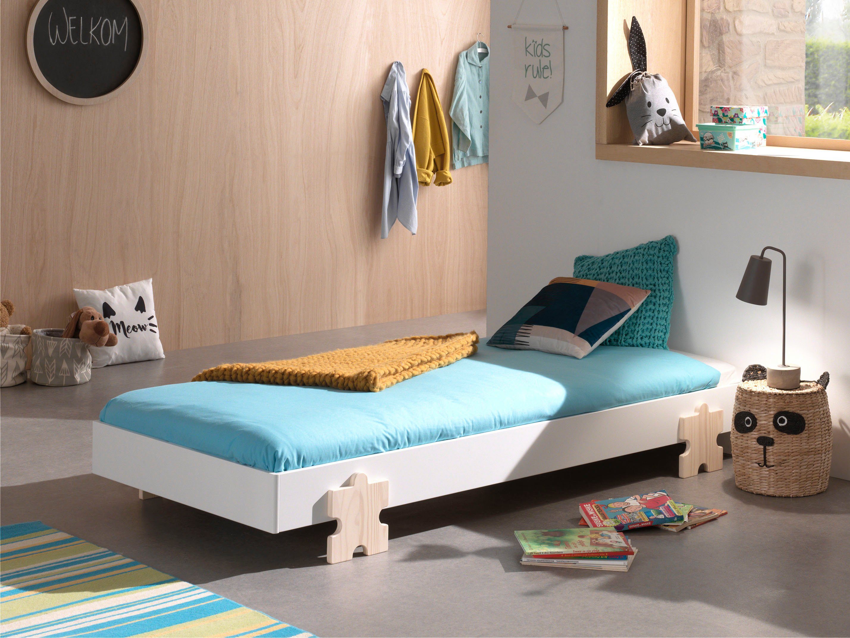 Vipack Kinderledikant Modulo Tienerbed, 1-persoons, stapelbed met poten in puzzel-look eenpersoonsbedden wit