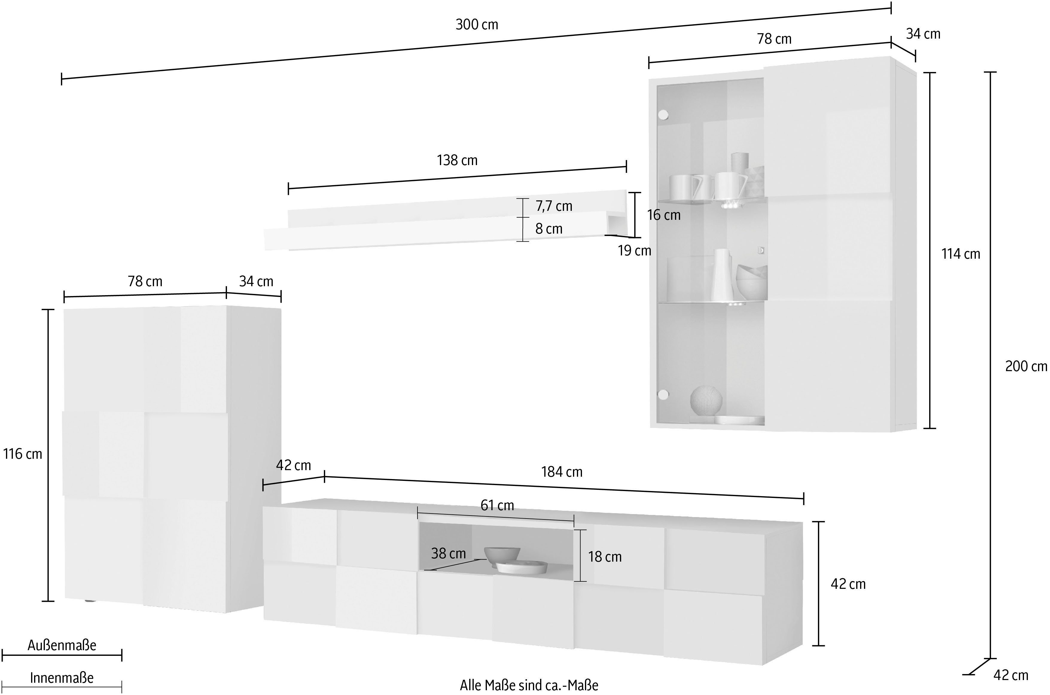 INOSIGN Wandmeubel Dama, 4-delig breedte 300 cm, hoogte 200 cm, moderne aanbouwwand in 3D-look (set, 4-delig)