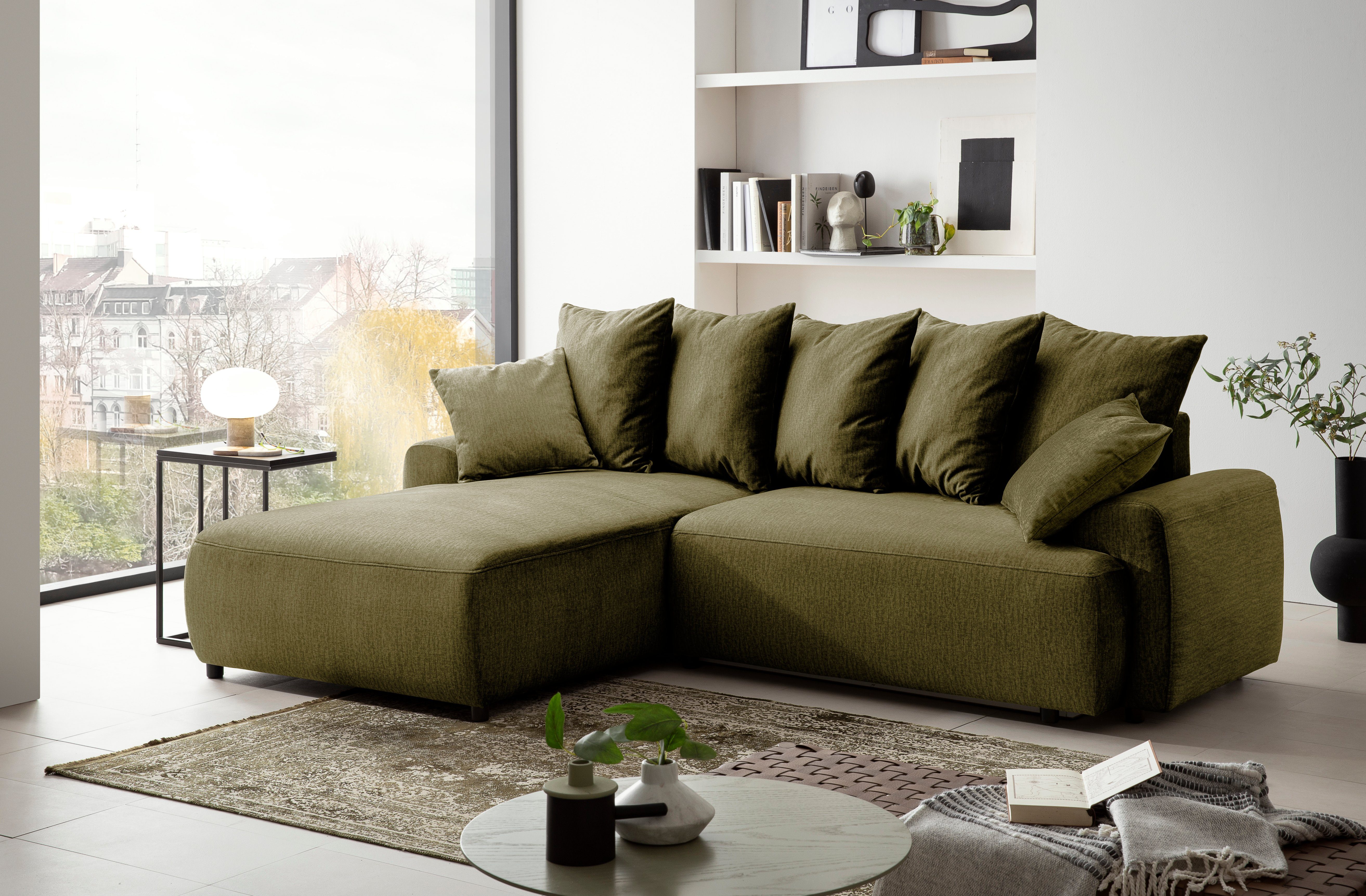 exxpo - sofa fashion Hoekbank Game, comfortabel met 5 rugkussens en 2 decoratieve kussens, L-vorm incl. bedfunctie en bedlade, comfortabel, geweldige