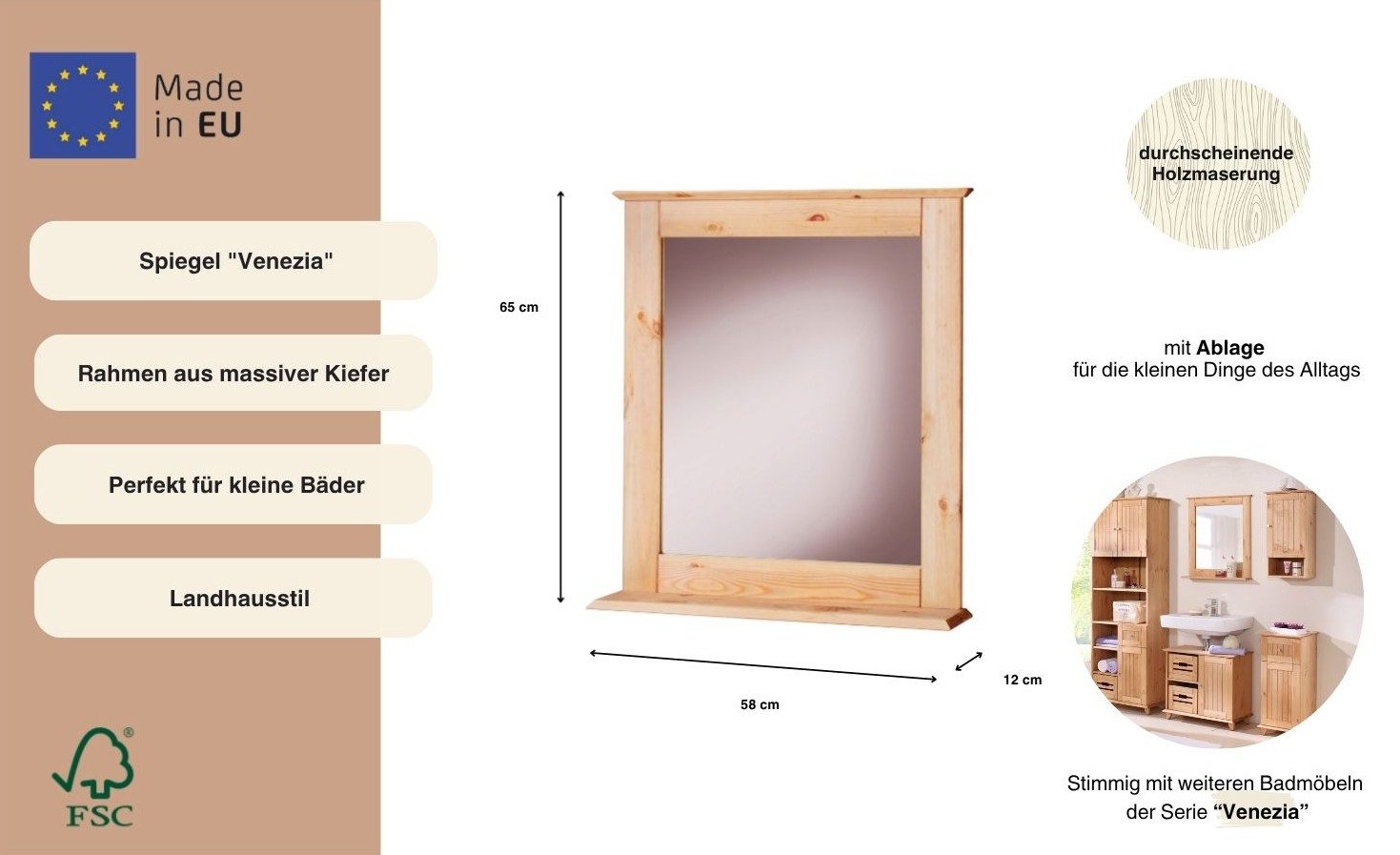 welltime Badspiegel Venezia rustiek/Sund Badmeubel, breedte 58 cm, frame van massief hout