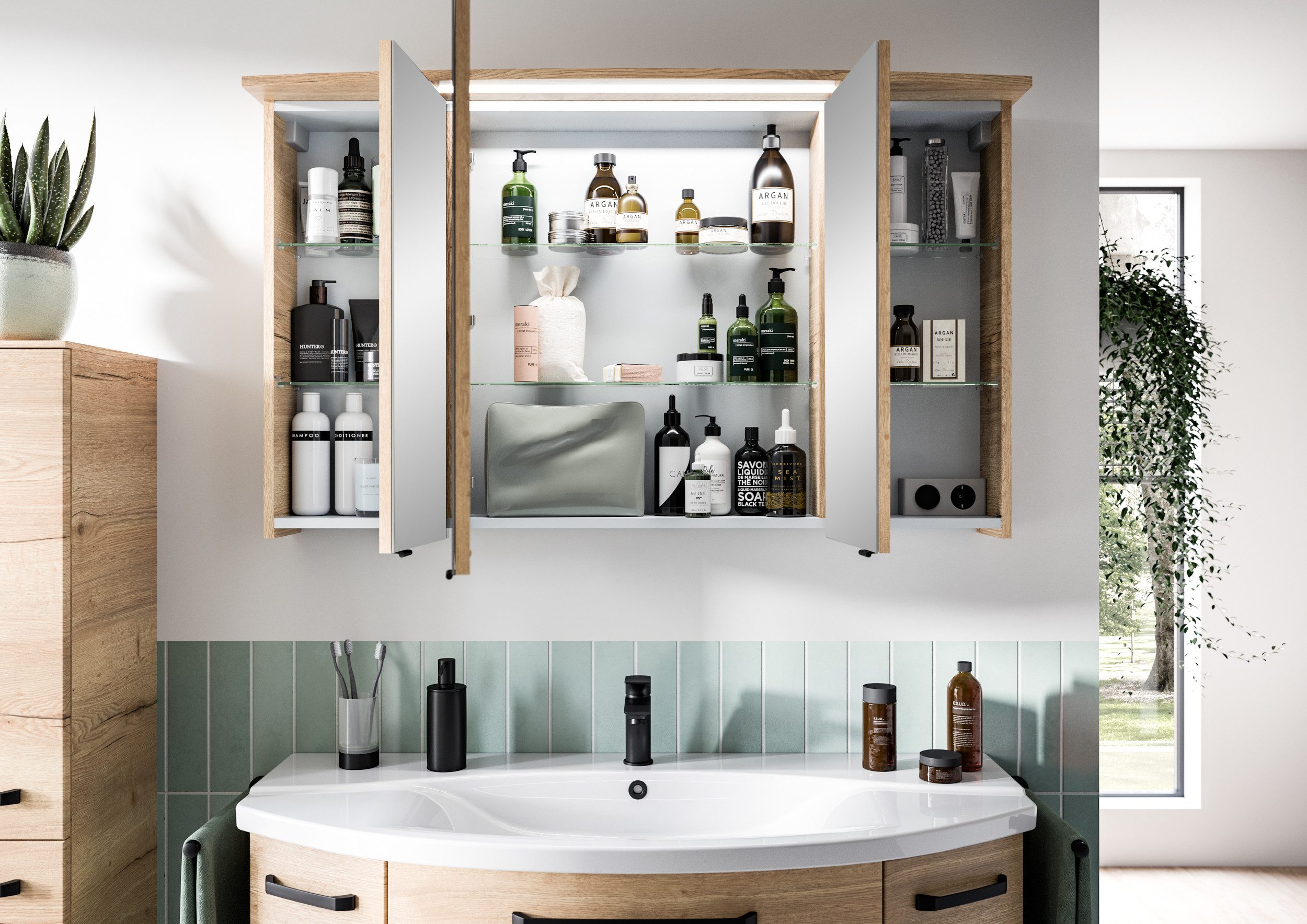 Saphir Badkamerspiegelkast Serie 4010 badkamer spiegelkast incl. LED-verlichting in krans Badkast 122 cm breed, 3 deuren, 6 glazen legplanken, incl. deurdemper